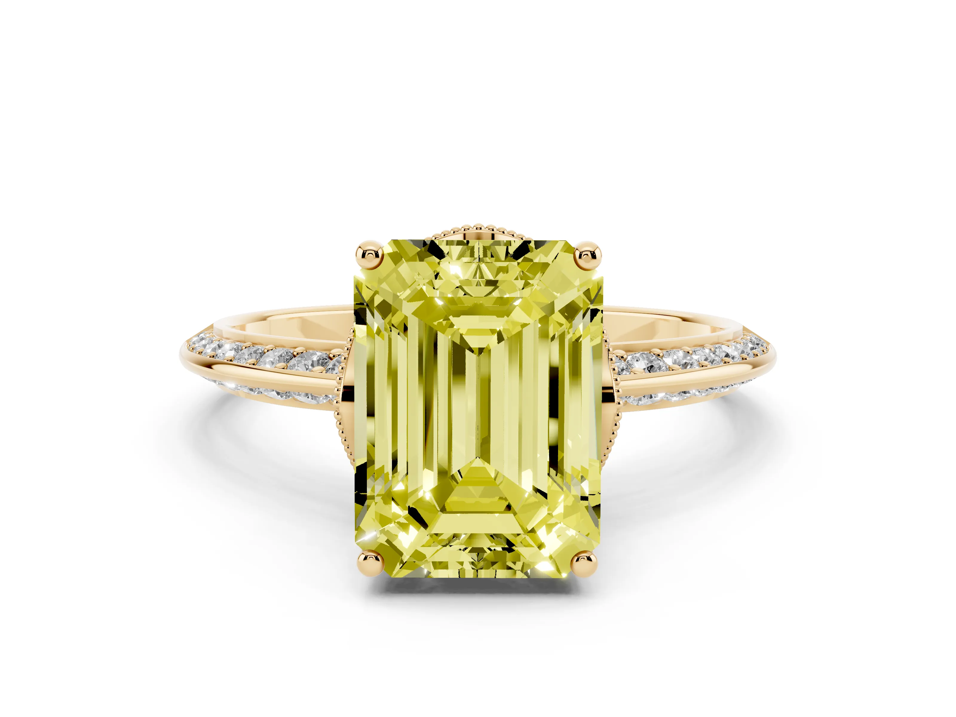 Fancy Yellow Emerald Cut Diamond Solitaire Engagement Ring Set in Yellow gold with Pavé Split Shank and Prong Setting