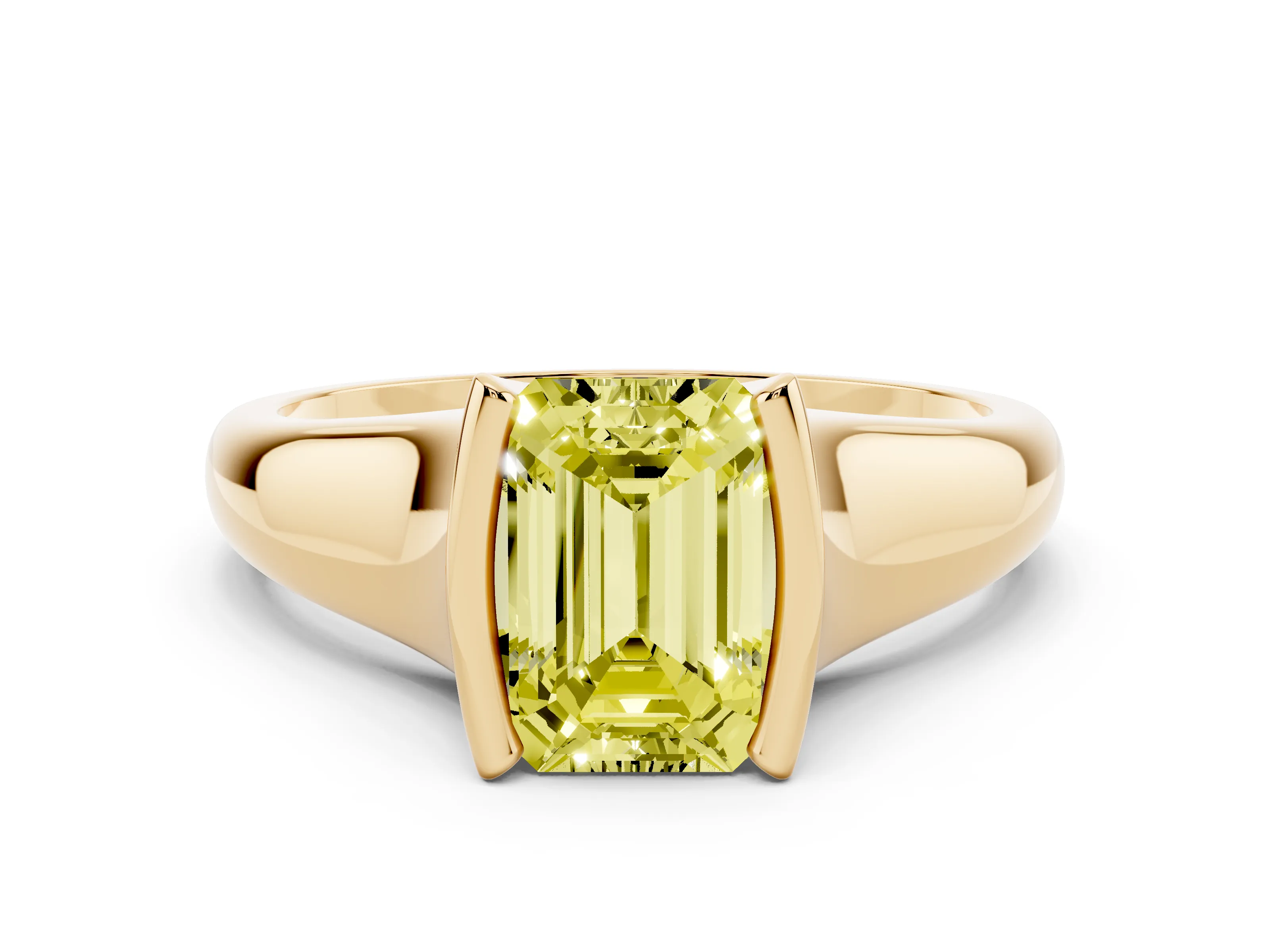 Fancy Yellow Emerald Cut Diamond Solitaire Tension Set Ring Set in Yellow gold with Split Shank Band