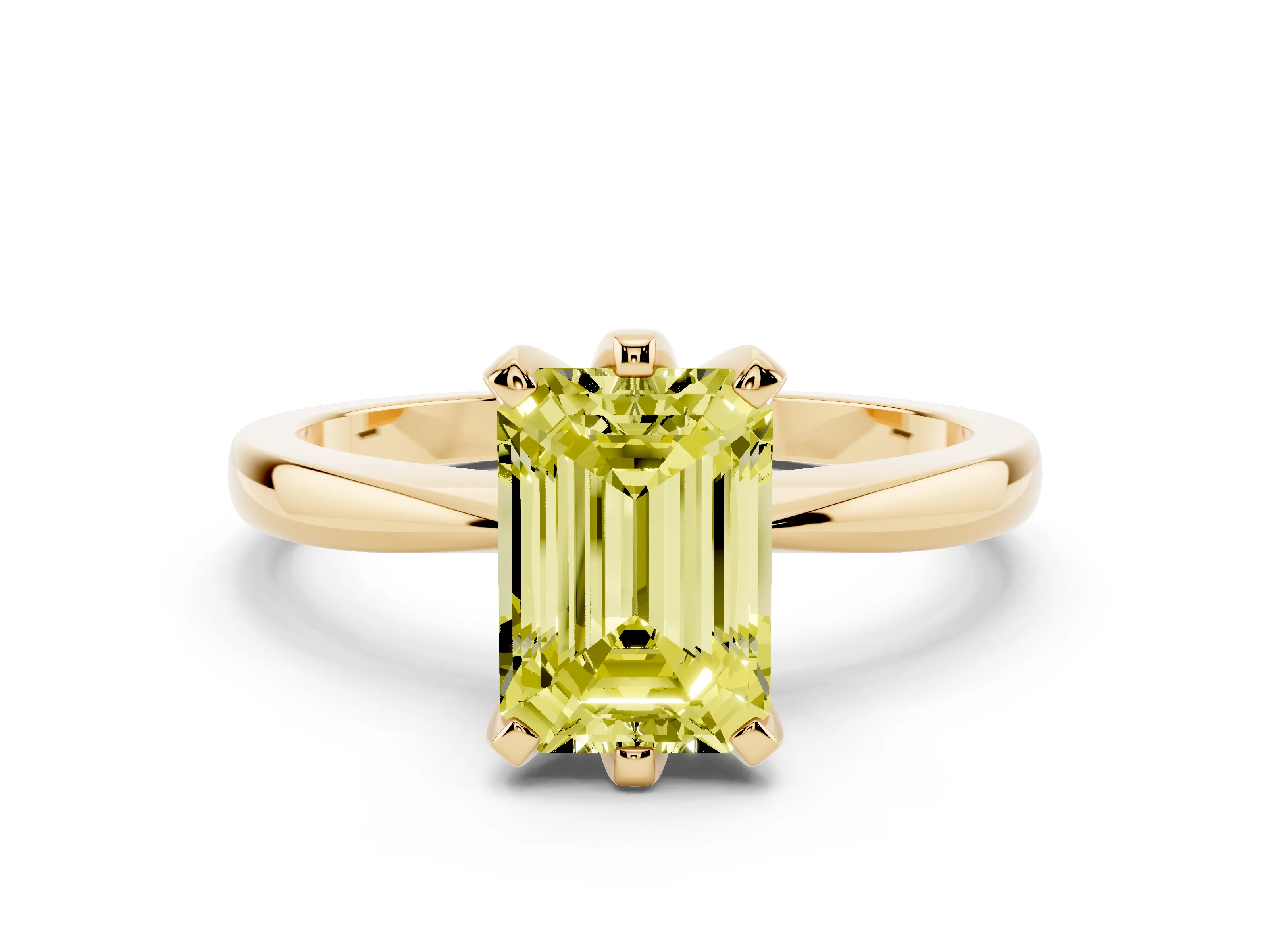 Fancy Yellow Emerald Cut Diamond Solitaire Engagement Ring Set in Yellow gold with Slim Tapered Solitaire Band