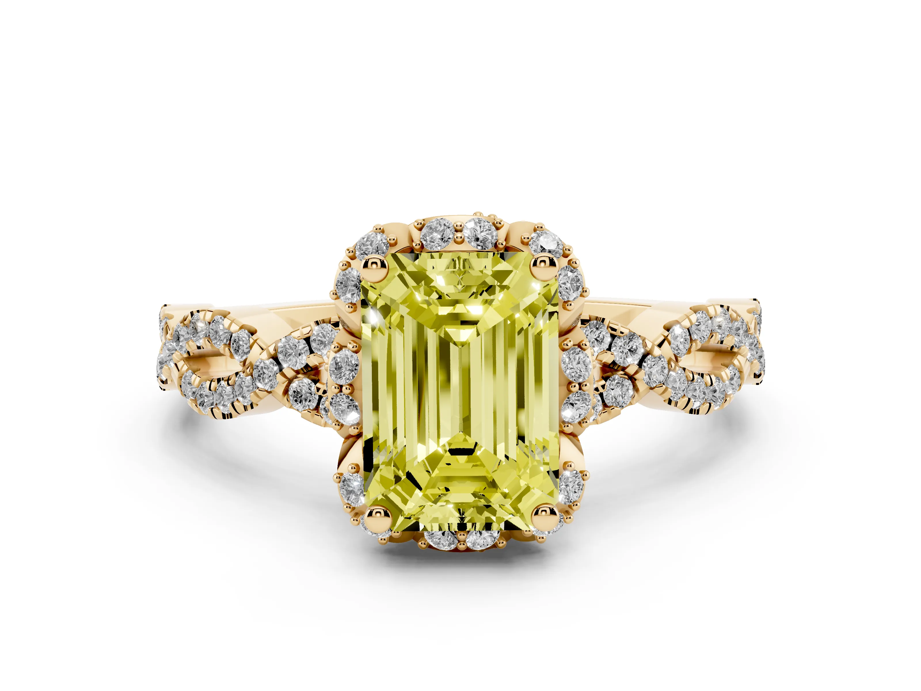 Fancy Yellow Emerald Cut Diamond Halo Twist Band Solitaire Ring Set in Yellow gold with Prong-Set Center Stone