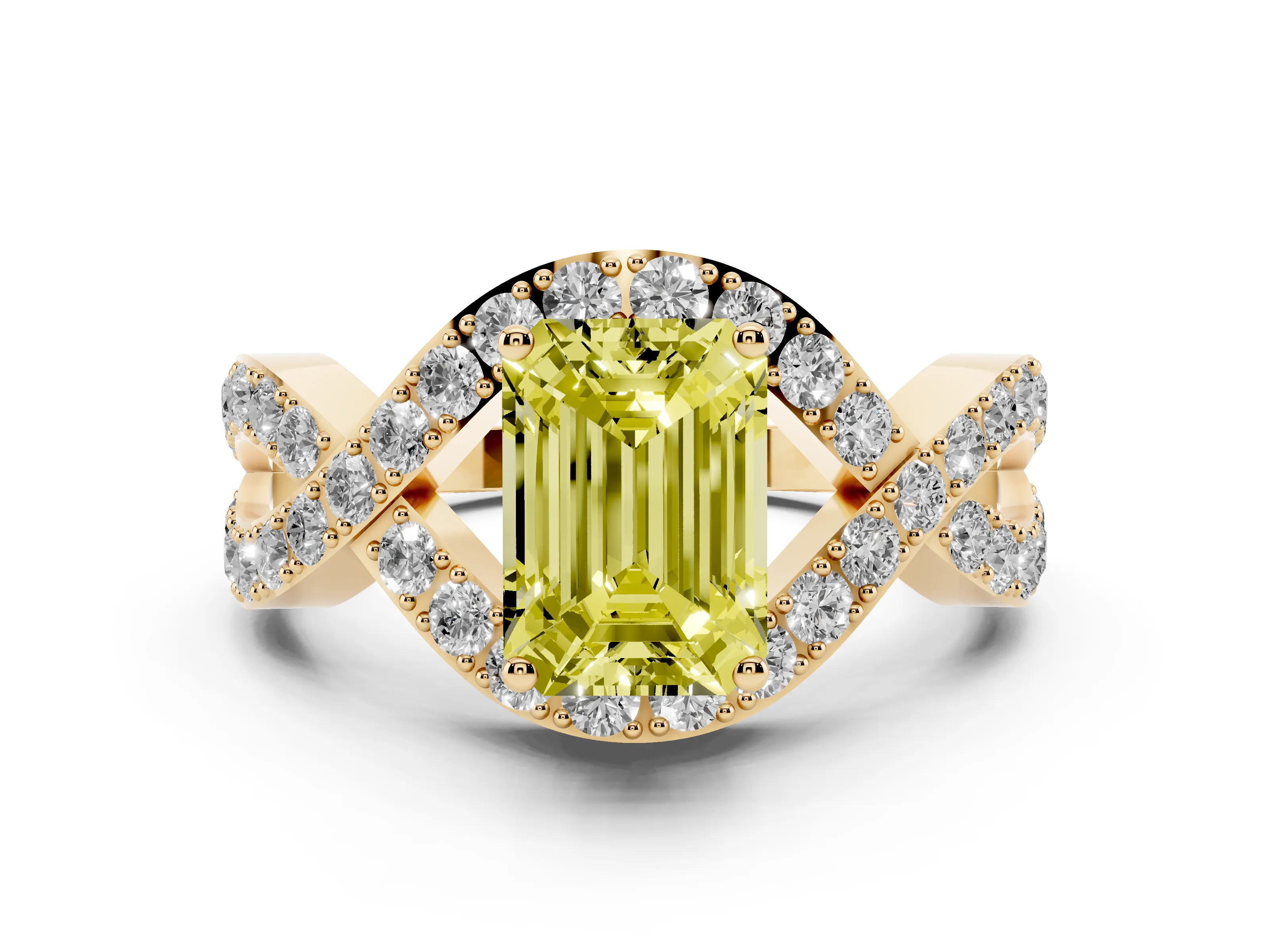 Fancy Yellow Emerald Cut Diamond Solitaire Twist Band Pavé Engagement Ring Set in Yellow gold