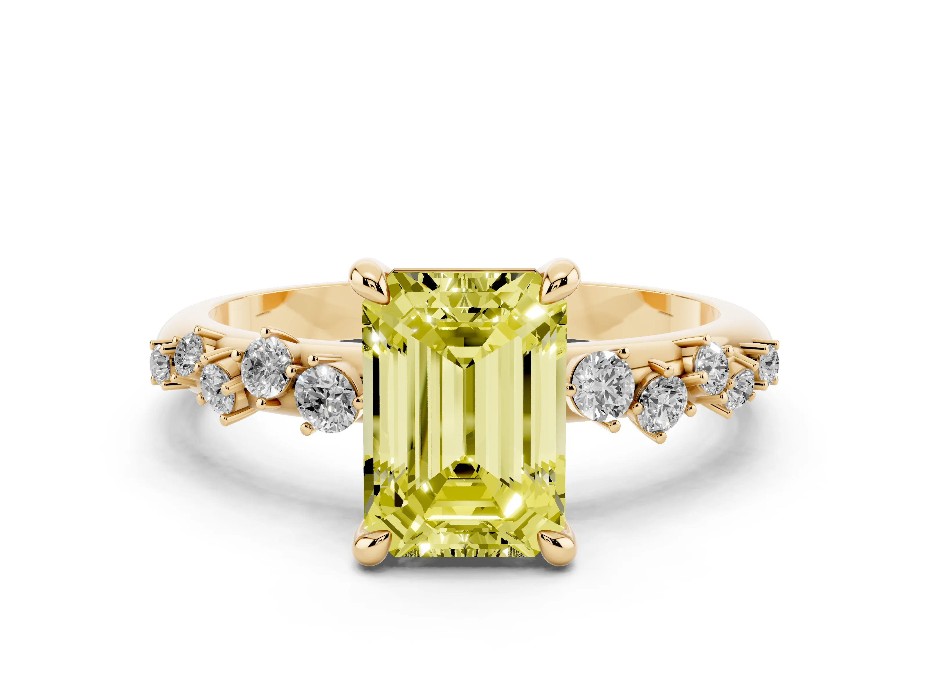 Fancy Yellow Emerald Cut Diamond Solitaire Vine Band Ring Set in Yellow gold with Round Accents and Prong Setting