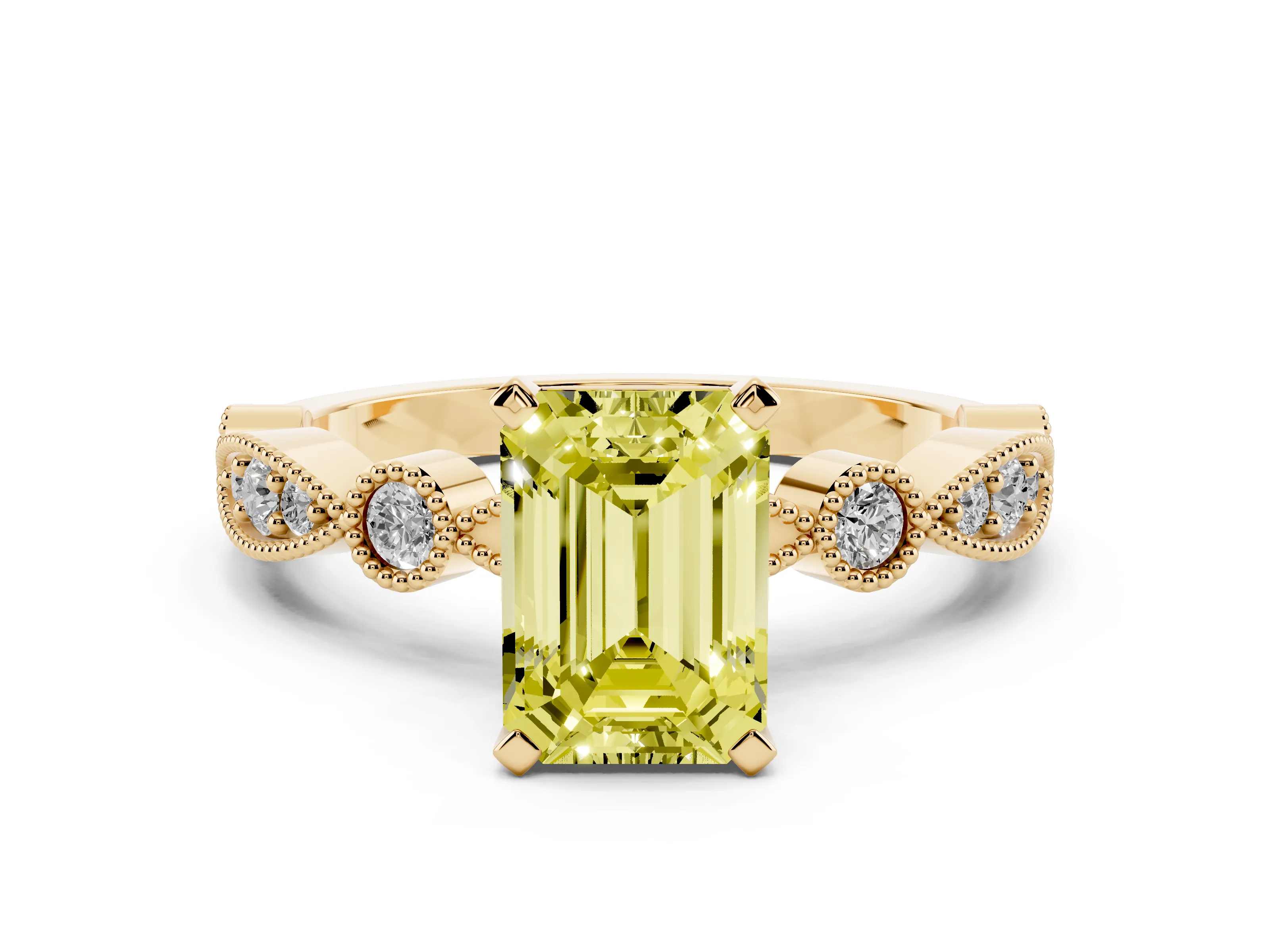 Fancy Yellow Emerald Cut Diamond Solitaire Engagement Ring Set in Yellow gold with Milgrain Bezel Accent Band