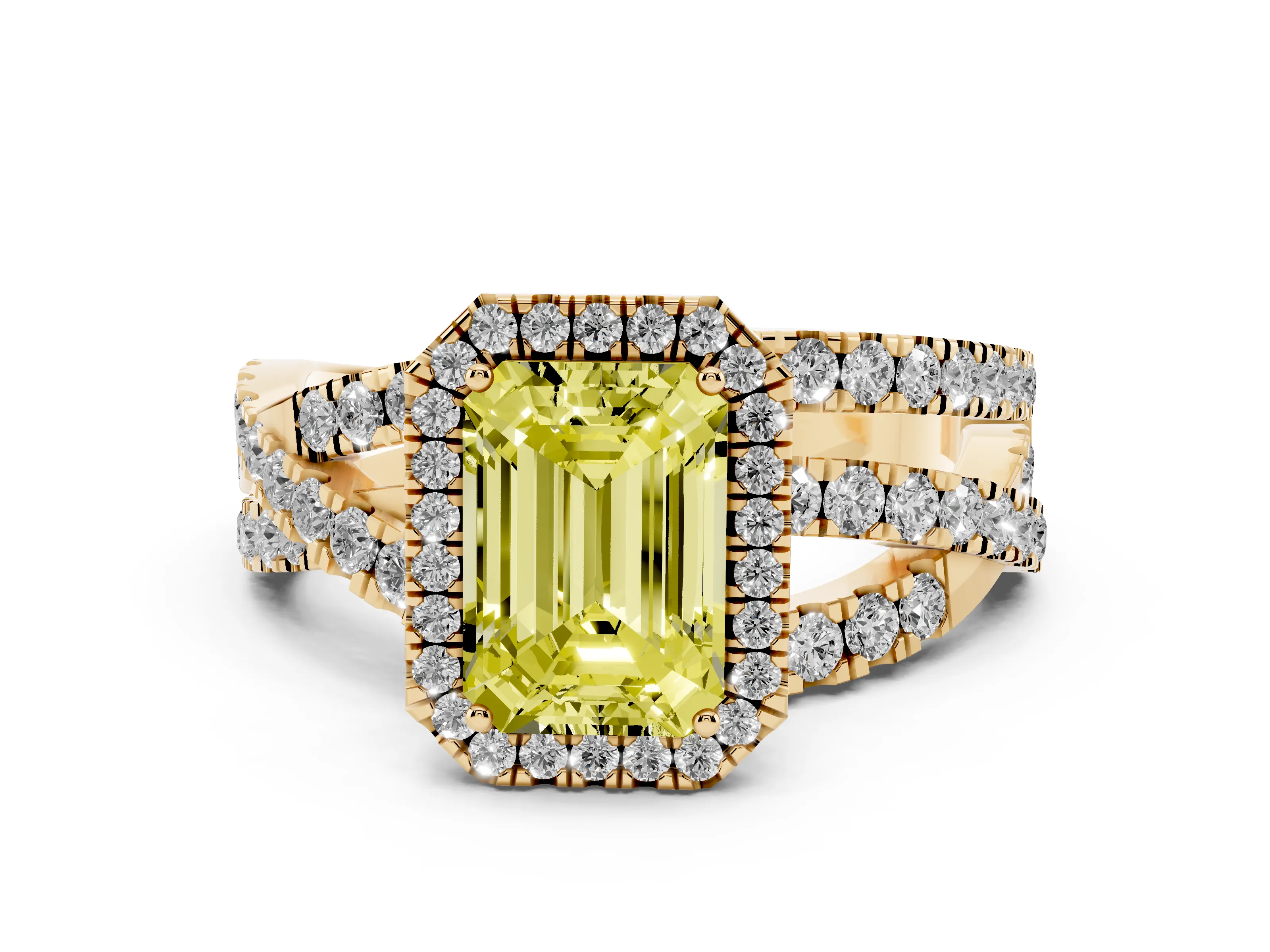 Fancy Yellow Emerald Cut Diamond Halo Ring Set in Yellow gold with Round Crossover Split Shank and Prong Setting