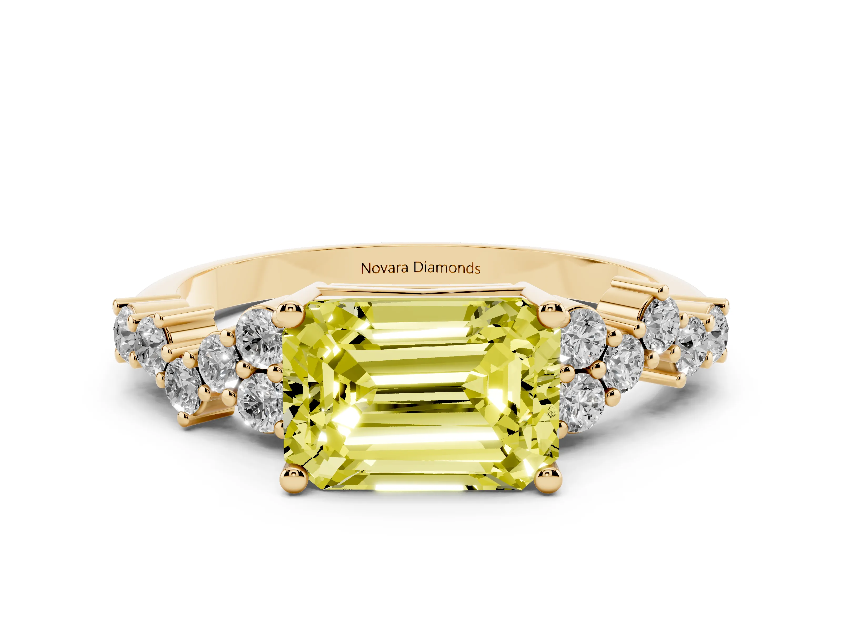Fancy Yellow Emerald Cut Diamond Ring Set in Yellow gold with Scattered Round Accents