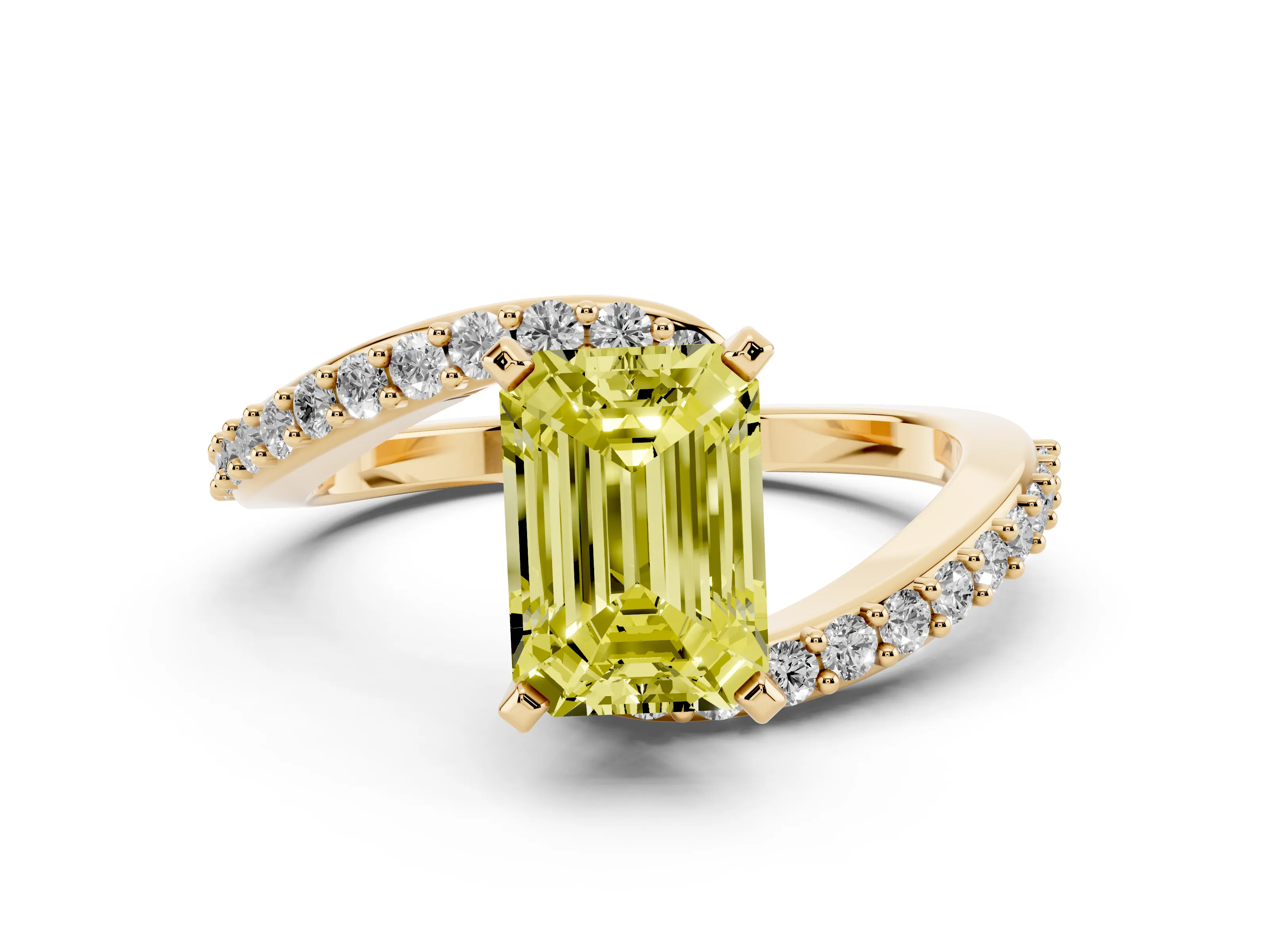 Fancy Yellow Emerald Cut Diamond Solitaire Ring Set in Yellow gold with Pavé Twist Band and Prong Setting