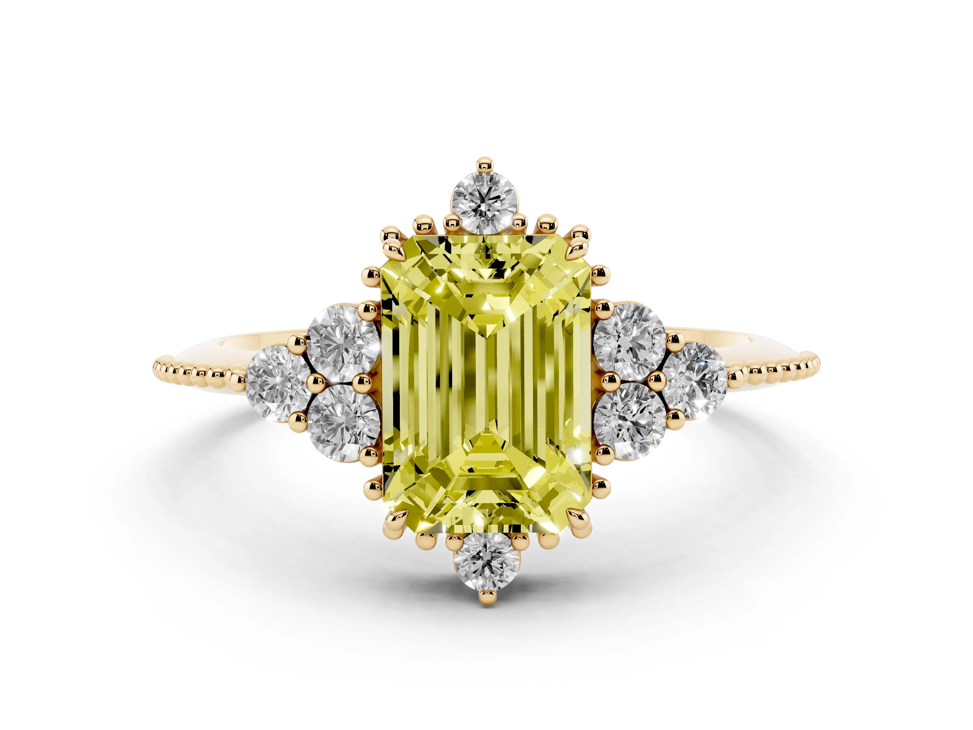 Fancy Yellow Emerald Cut Diamond Cluster Ring Set in Yellow gold with Beaded Band
