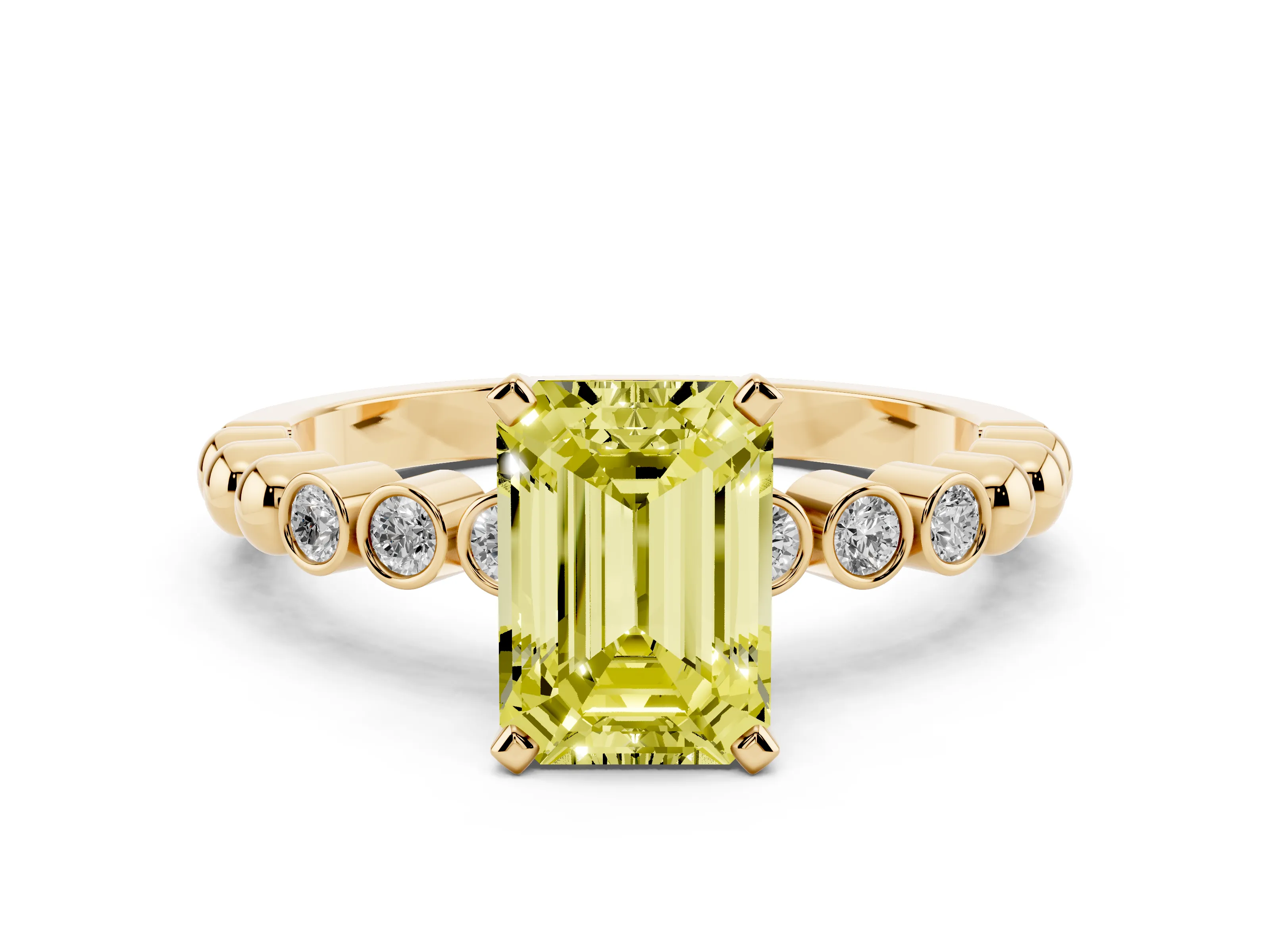 Fancy Yellow Emerald Cut Diamond Solitaire Engagement Ring Set in Yellow gold with Bezel Accents on Beaded Band