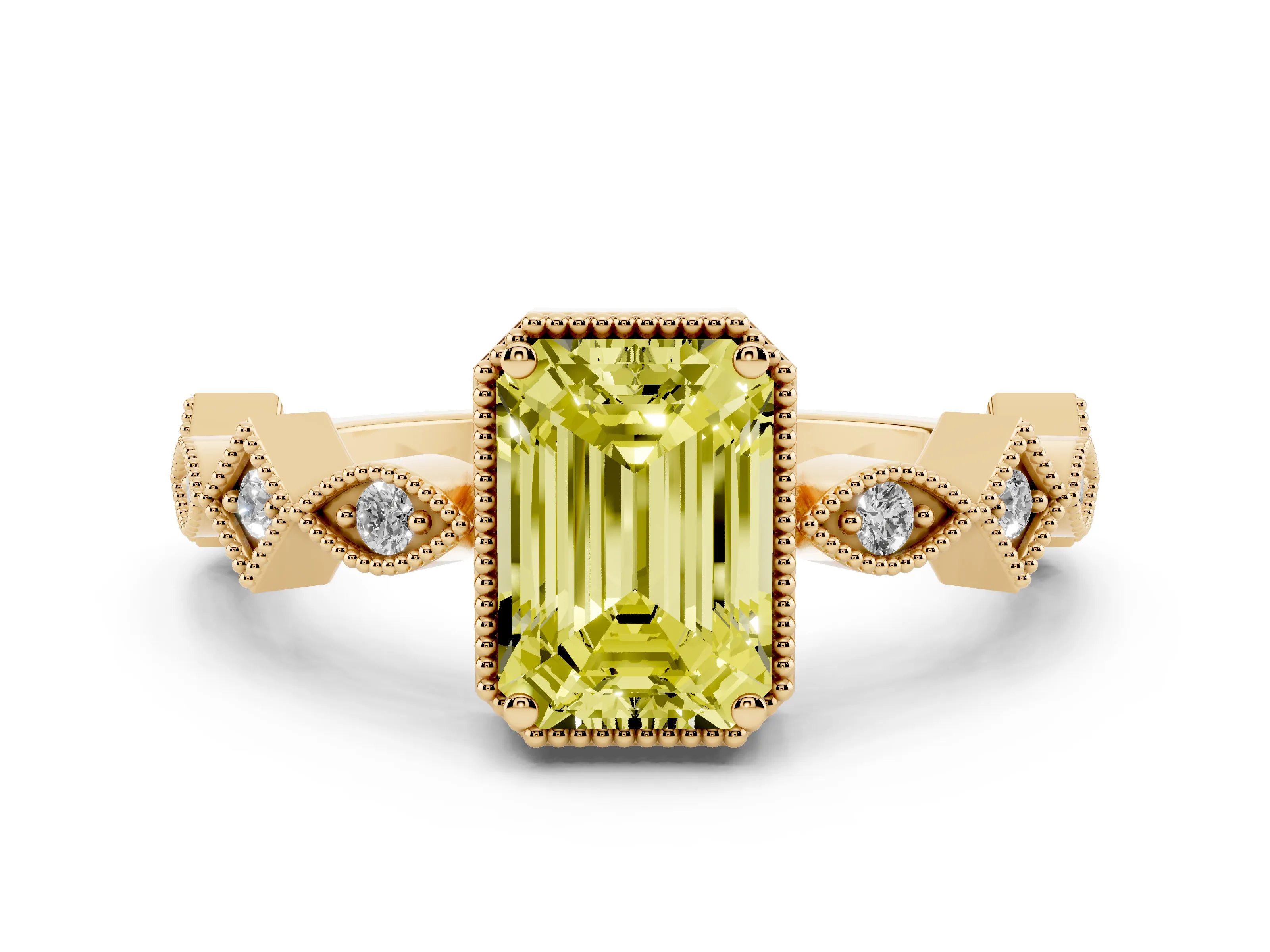 Fancy Yellow Emerald Cut Diamond Milgrain Marquise Twist Band Ring Set in Yellow gold with Prong Setting