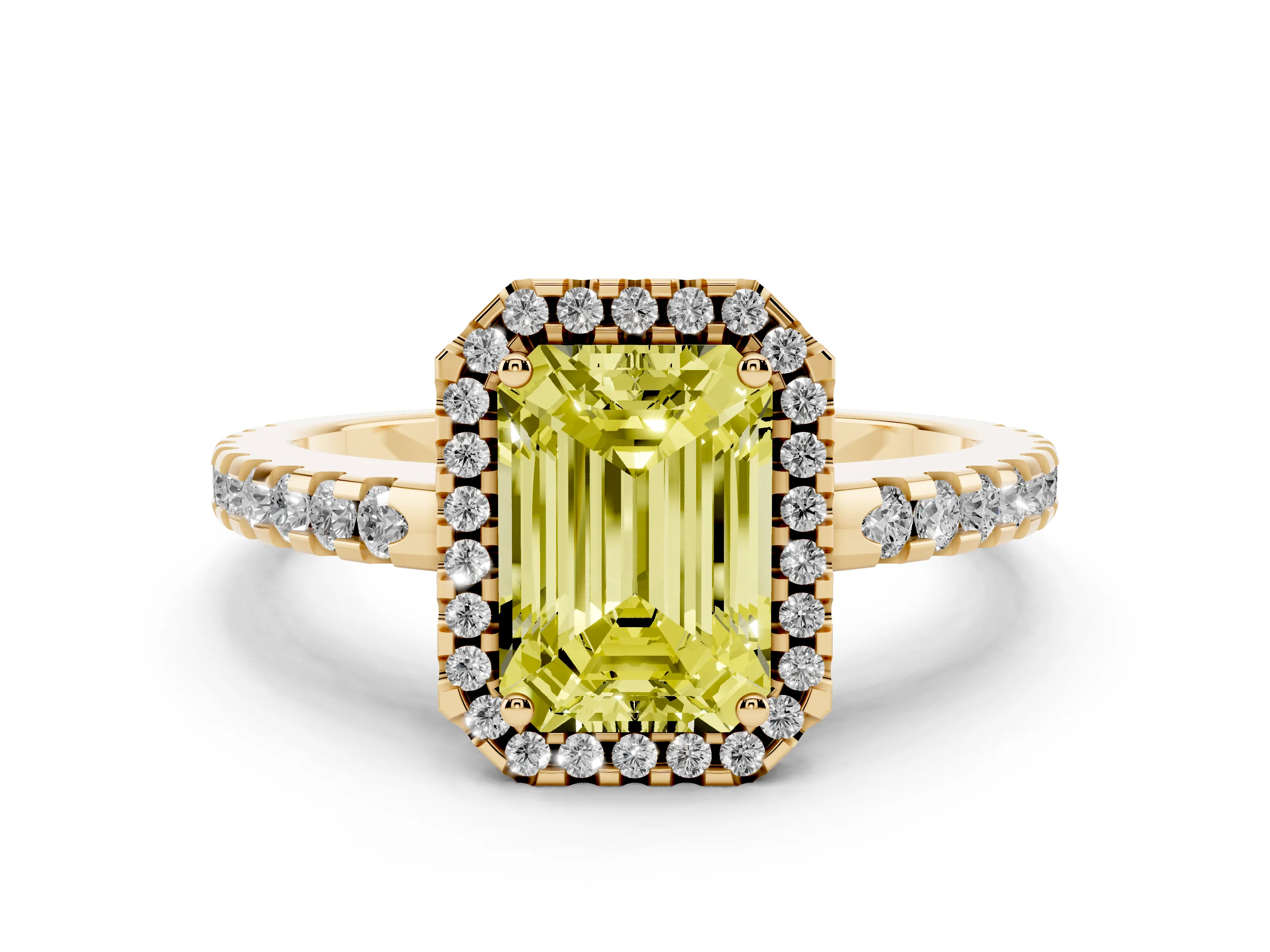 Fancy Yellow Emerald Cut Diamond Halo Ring Set in Yellow gold with Pavé Shoulders and Halo-Framed Center