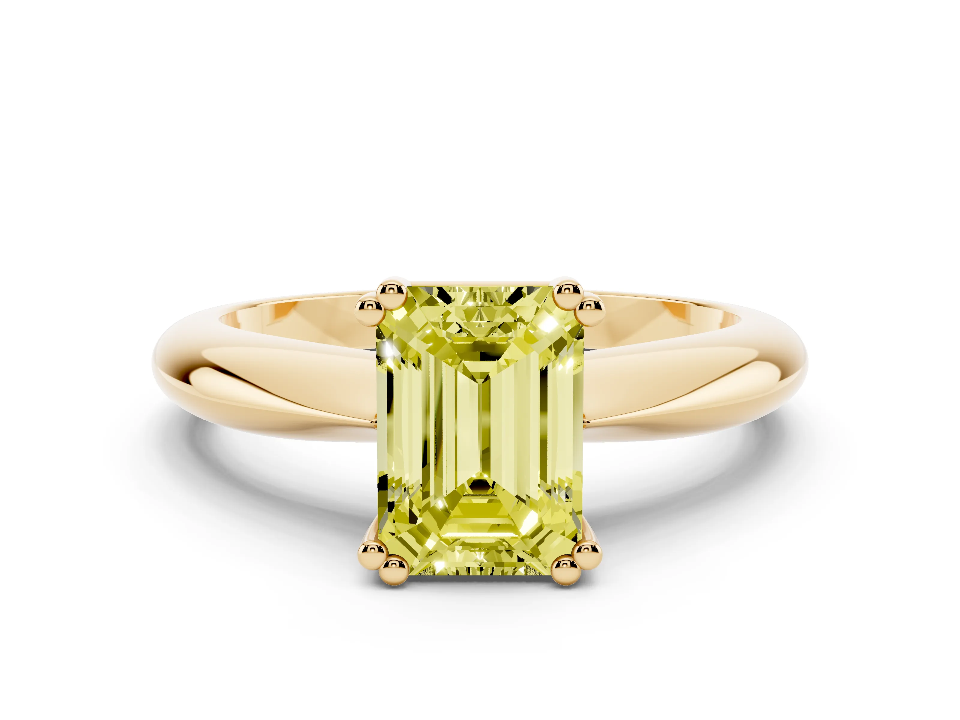 Fancy Yellow Emerald Cut Diamond Solitaire Engagement Ring Set in Yellow gold with Tapered Band and Prong Setting