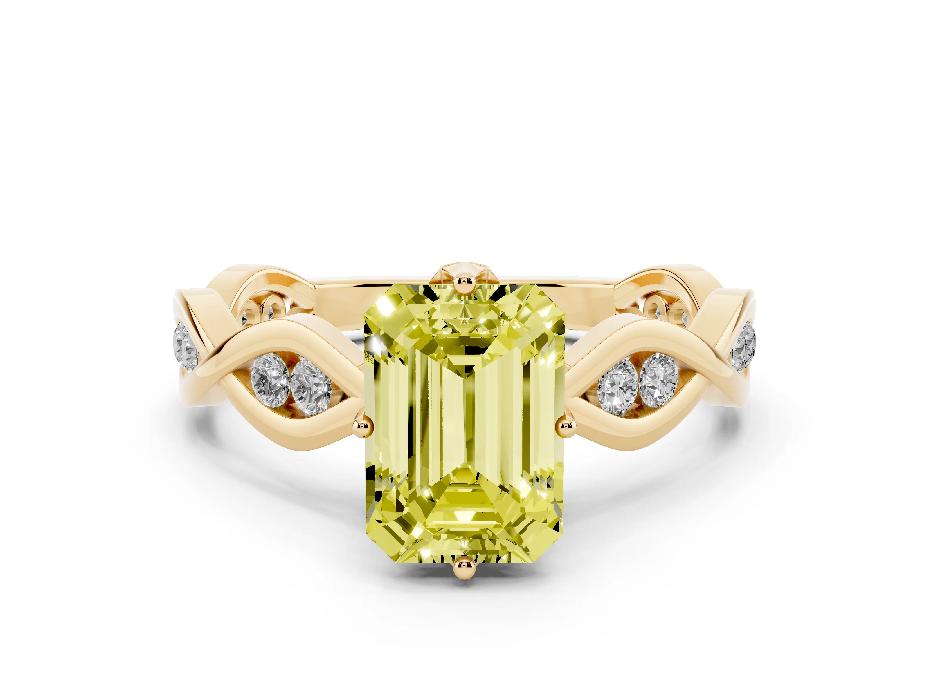 Fancy Yellow Emerald Cut Diamond Twist Band Solitaire Ring Set in Yellow gold with Leaf Prong Setting and Accent Stones