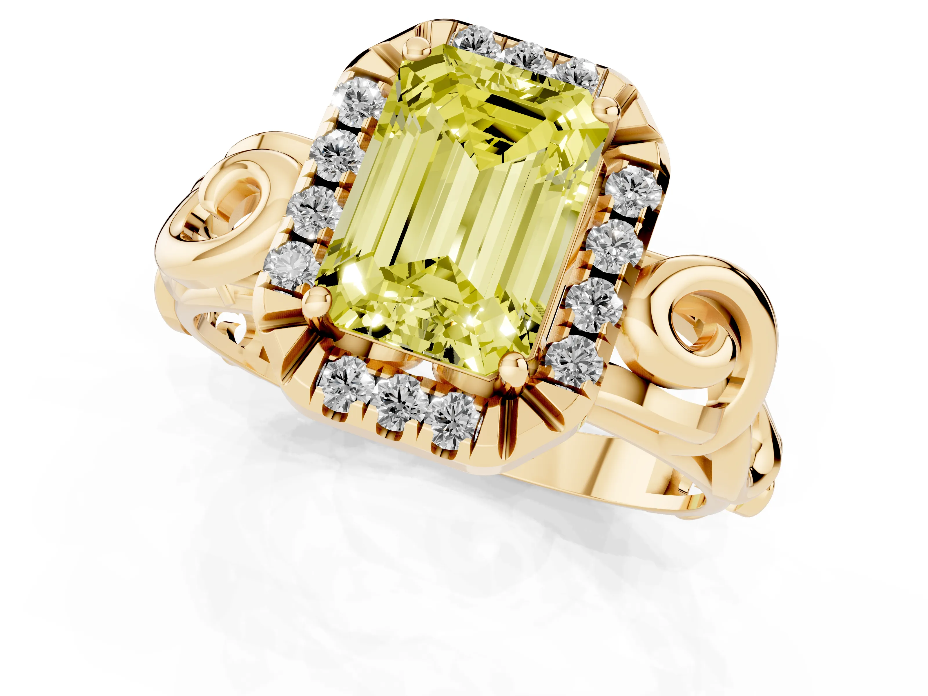 Fancy Yellow Emerald Cut Diamond Halo Ring Set in Yellow gold with Scrollwork Band and Prong Setting