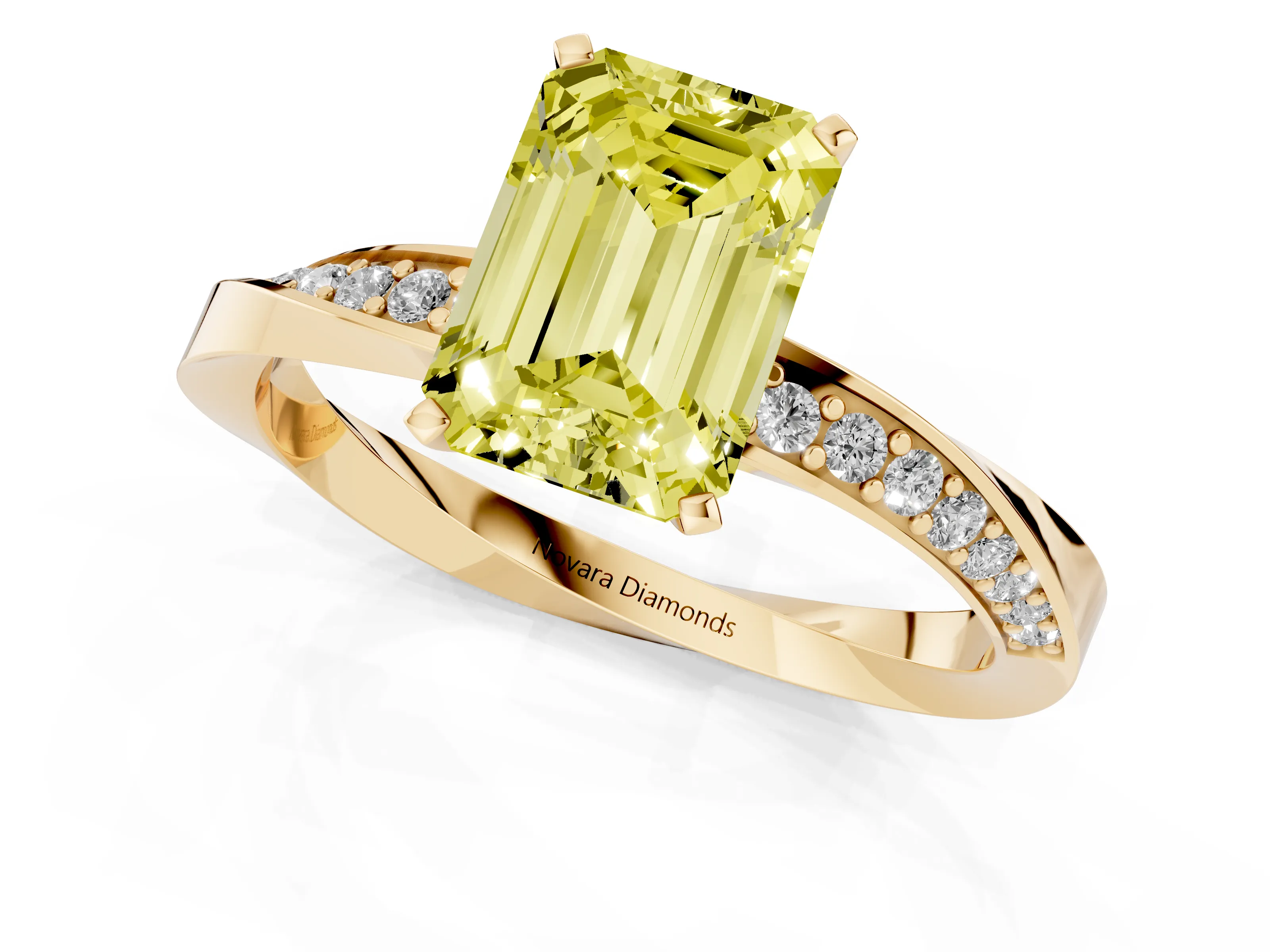 Fancy Yellow Emerald Cut Diamond Engagement Ring Set in Yellow gold with Side Stone Accents and Prong Setting
