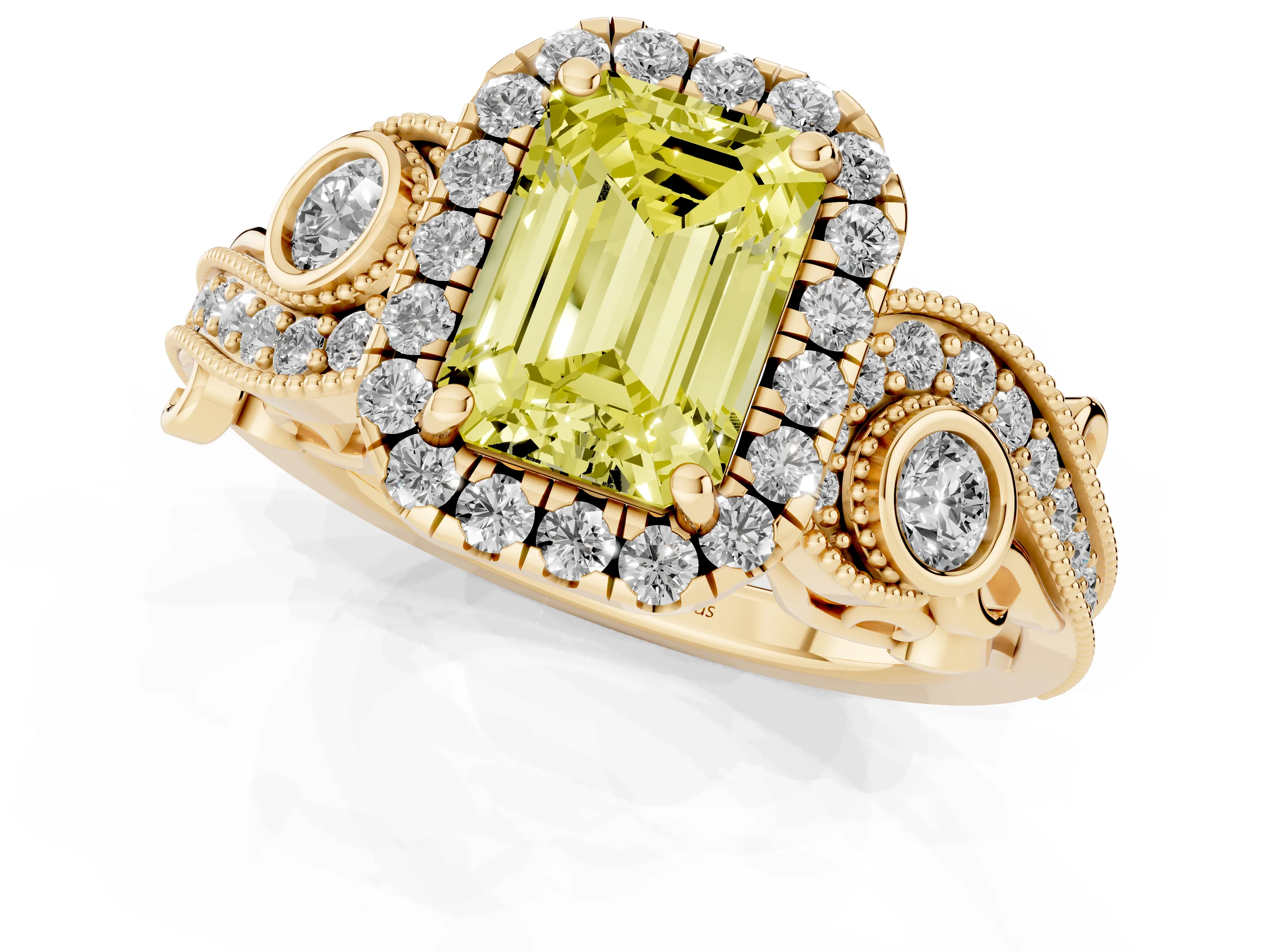 Fancy Yellow Emerald Cut Diamond Halo Ring Set in Yellow gold with Milgrain Pavé Band and Prong Setting