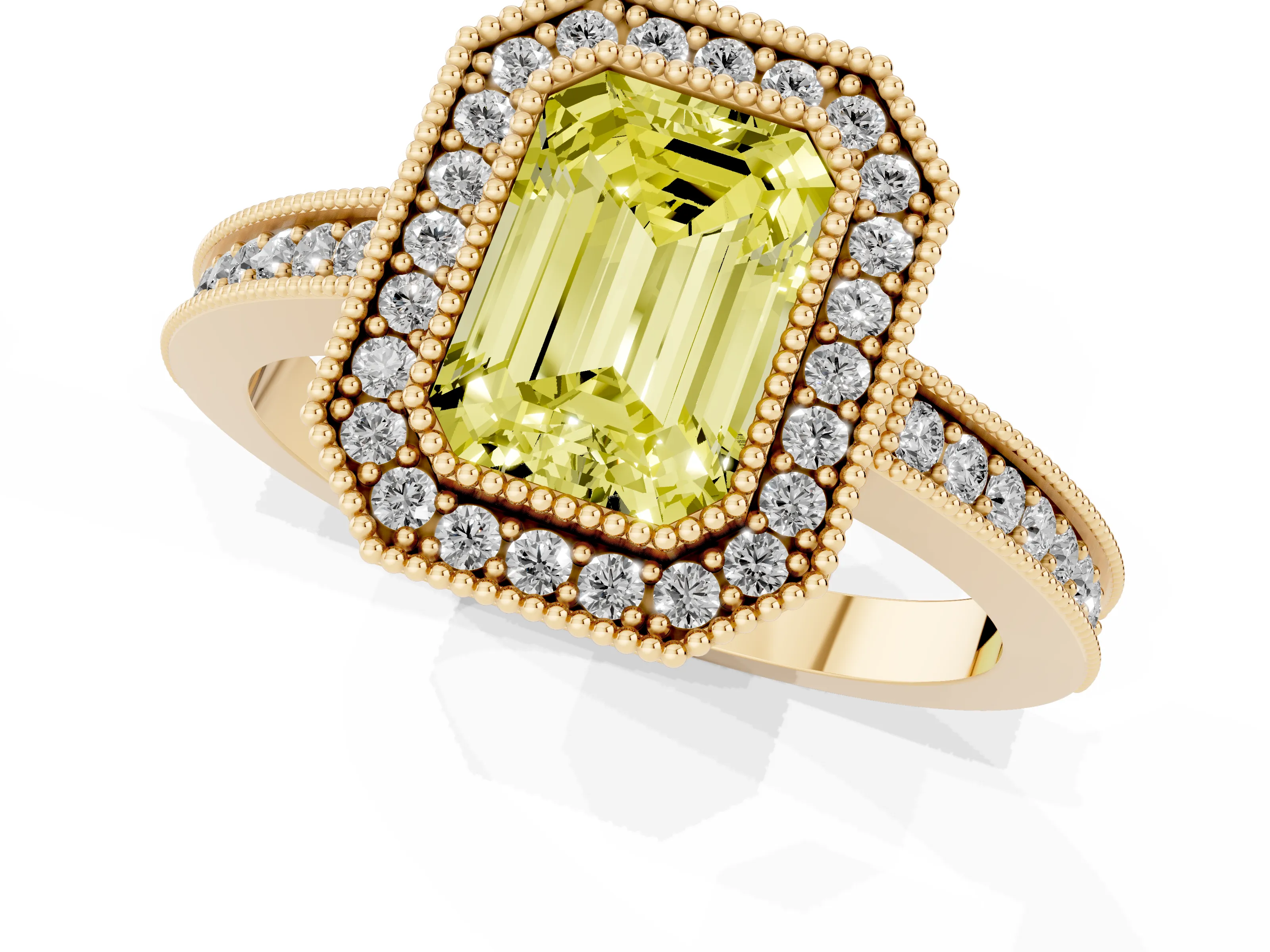 Fancy Yellow Emerald Cut Diamond Round Halo Ring Set in Yellow gold with Pavé Band