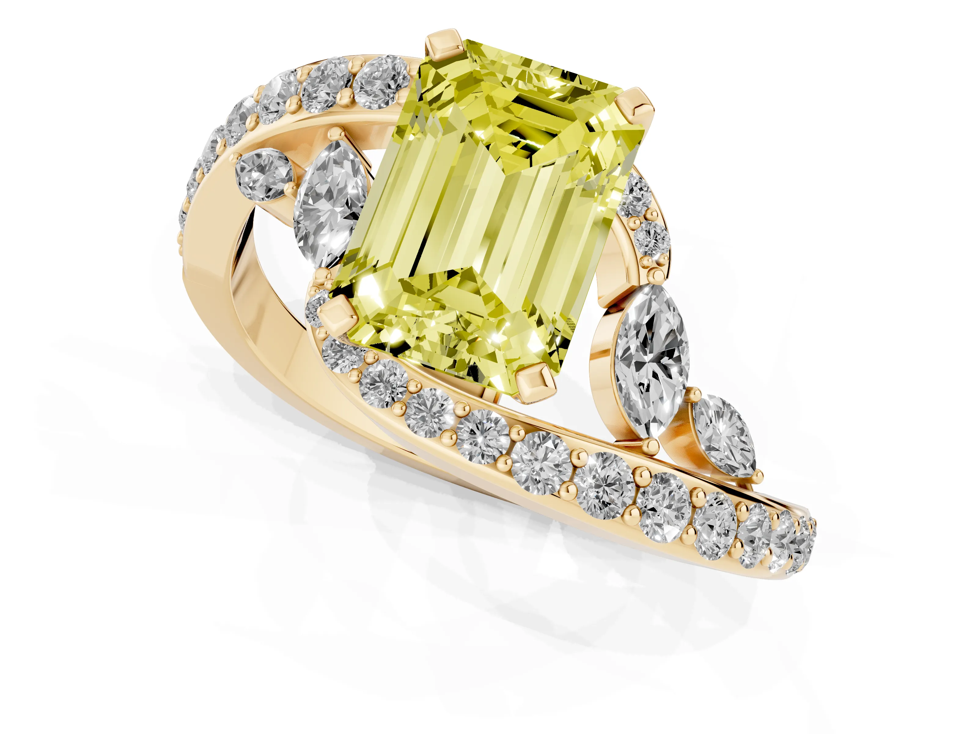 Fancy Yellow Emerald Cut Diamond Solitaire Ring Set in Yellow gold with Pavé Twist Band and Secure Prong Setting