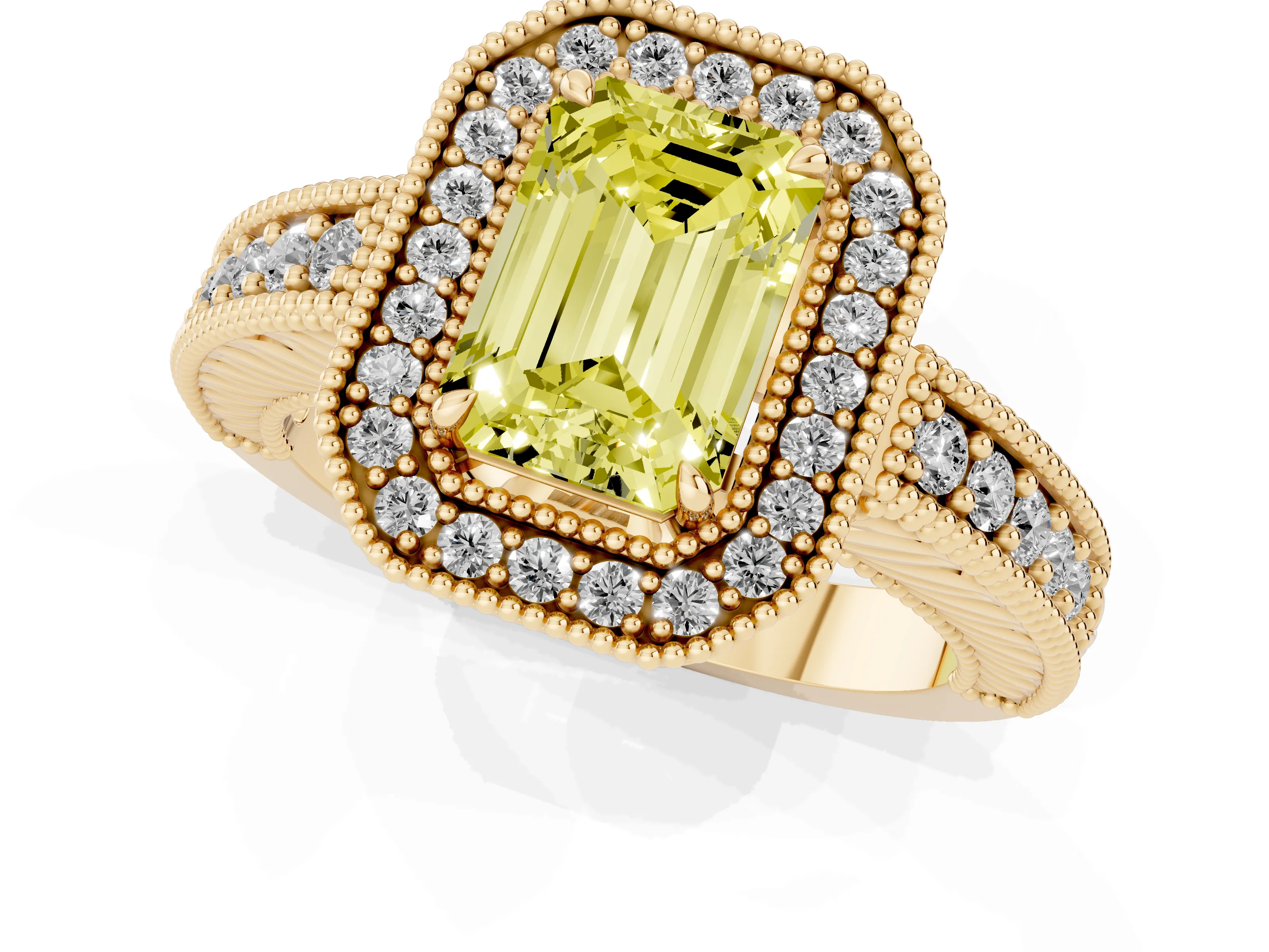 Fancy Yellow Emerald Cut Diamond Halo Ring Set in Yellow gold with Round Accent Halo, Pavé Band and Prong Setting