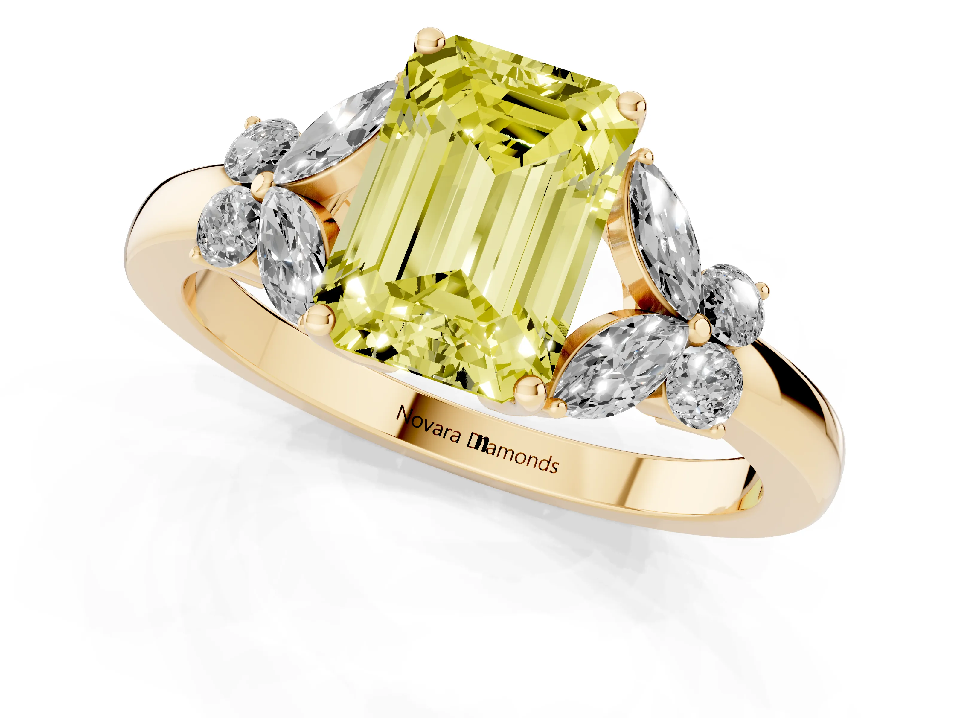 Fancy Yellow Emerald Cut Diamond Solitaire Floral Ring Set in Yellow gold with Marquise Petals and Prong Setting