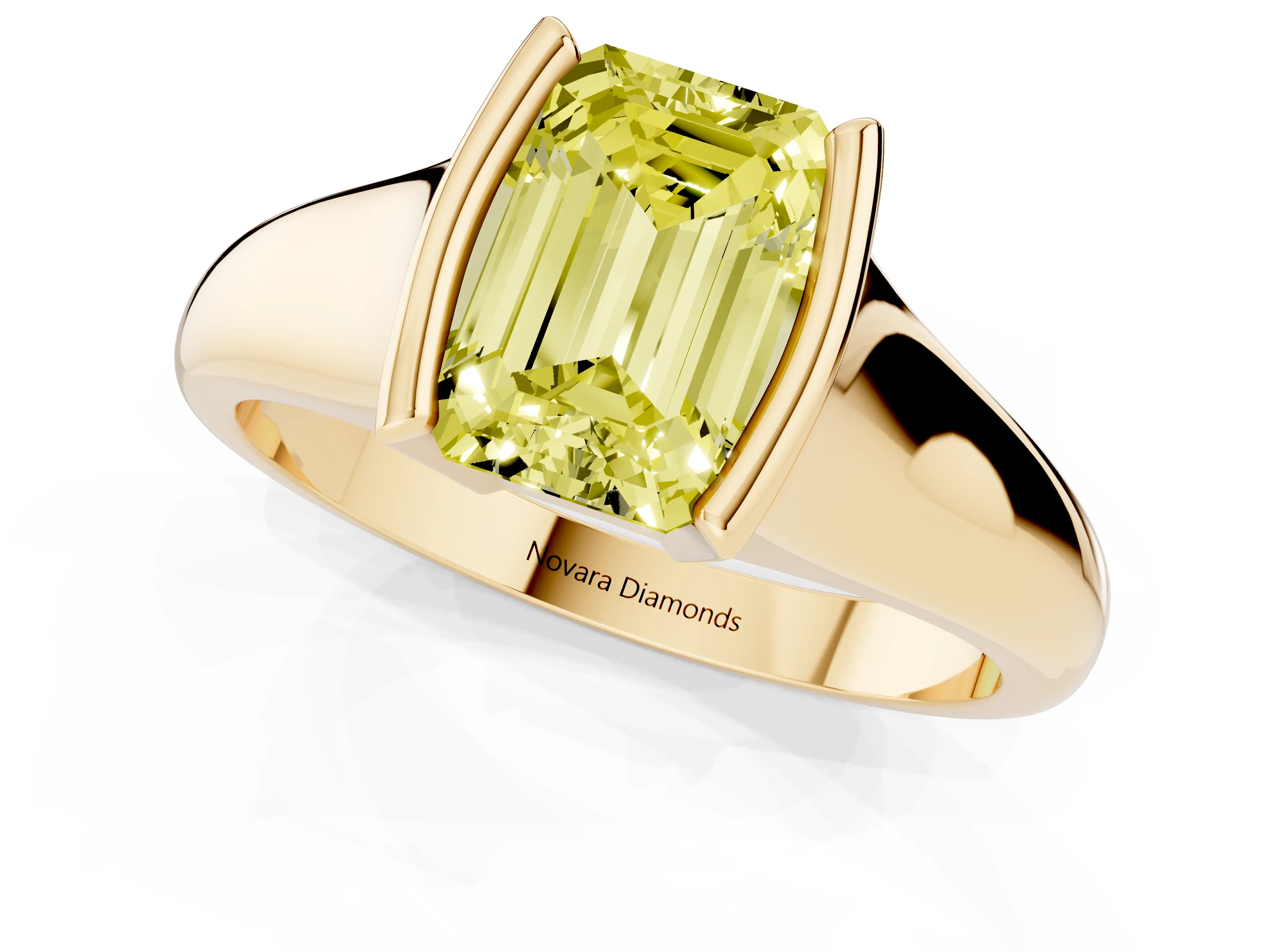 Fancy Yellow Emerald Cut Diamond Solitaire Tension Set Ring Set in Yellow gold with Split Shank Band