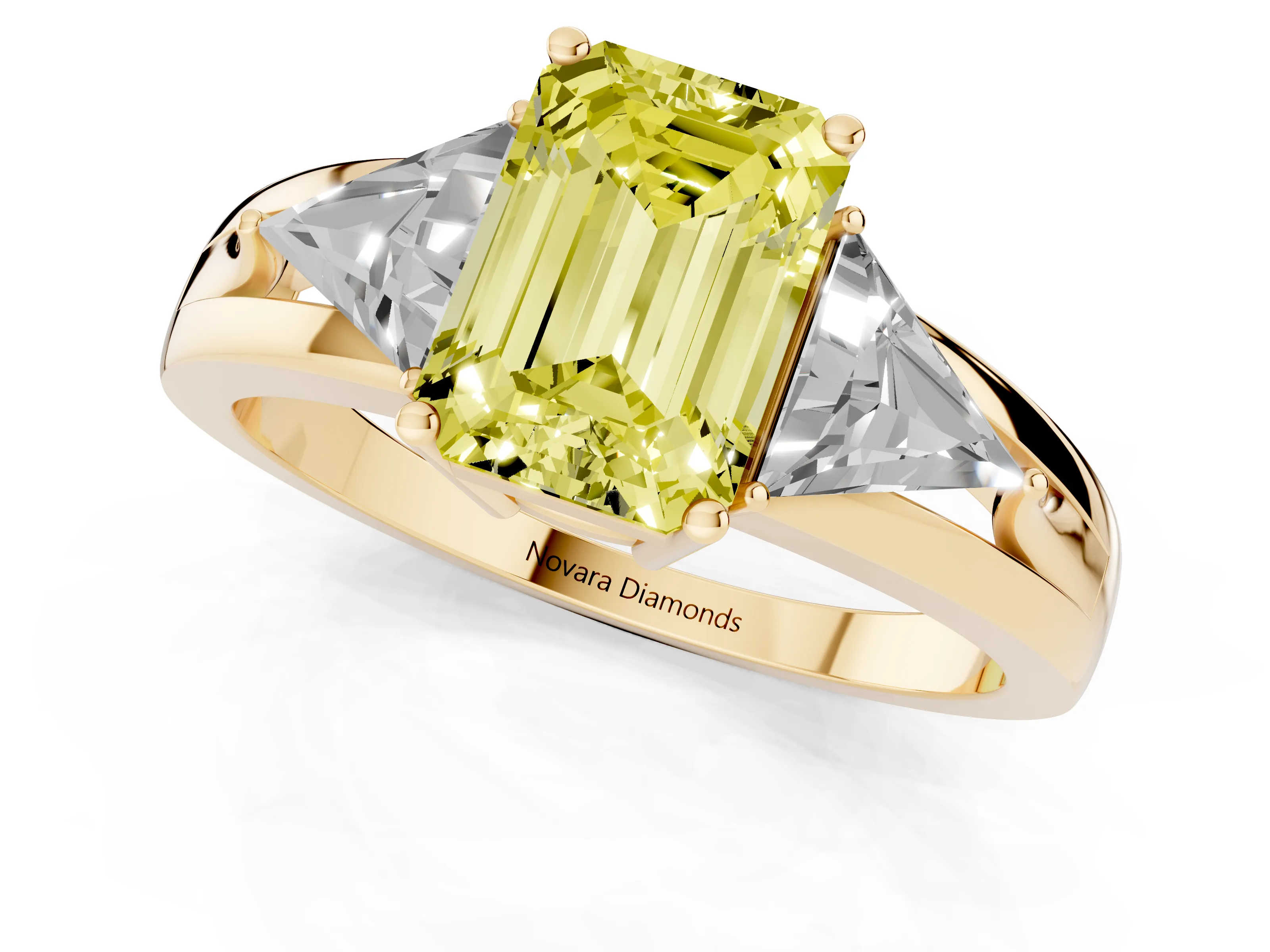 Fancy Yellow Emerald Cut Diamond Three-Stone Ring Set in Yellow gold with Trillion Side Stones and Split Shank