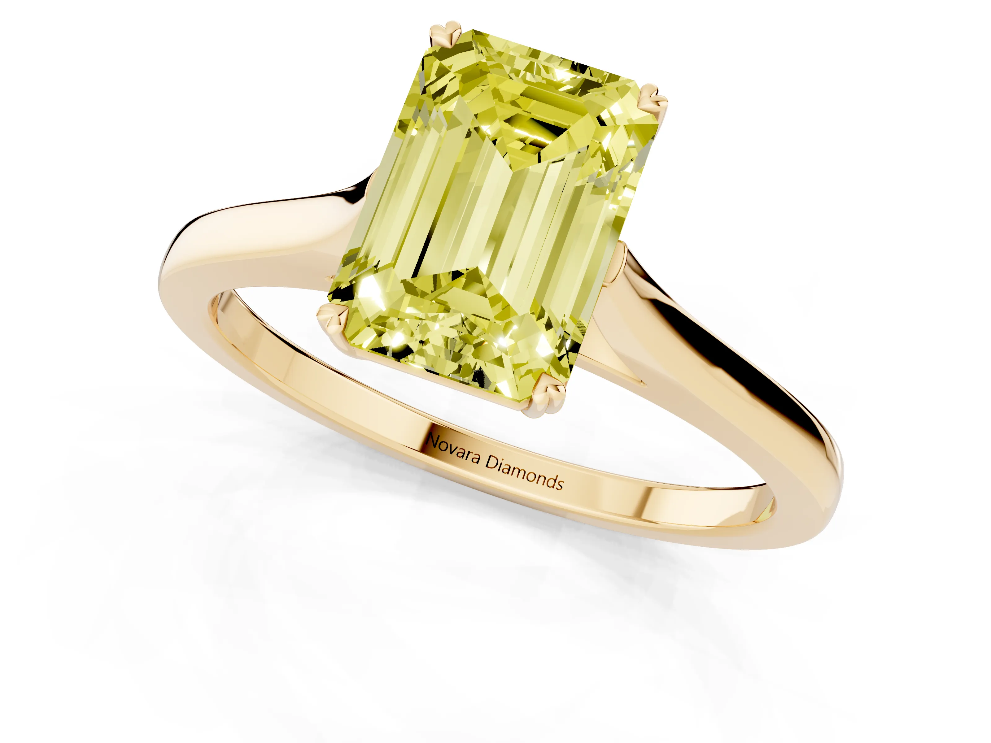 Fancy Yellow Emerald Cut Diamond Solitaire Heart Prong Engagement Ring Set in Yellow gold with Tapered Band