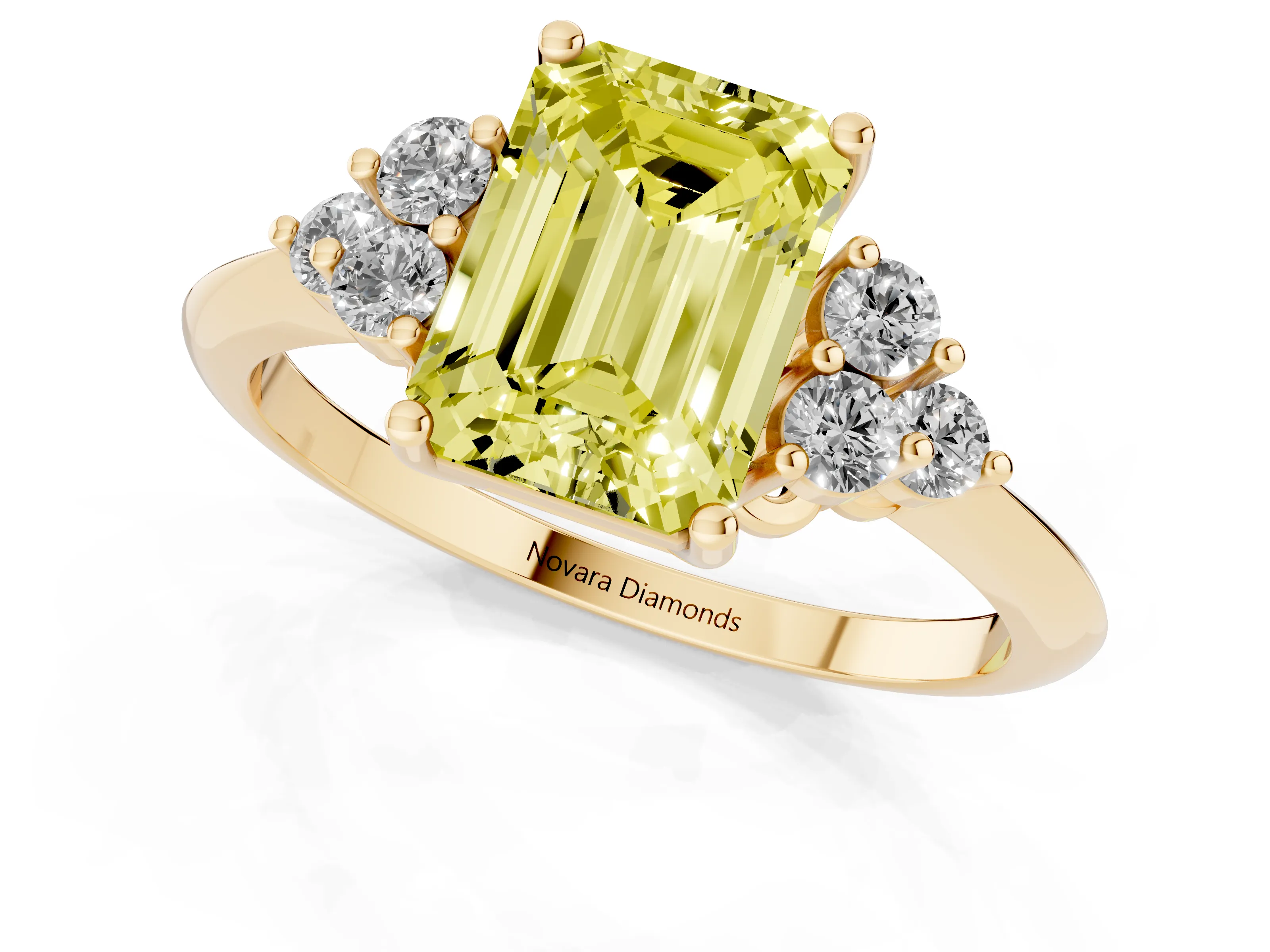 Fancy Yellow Emerald Cut Diamond Cluster Ring Set in Yellow gold with Plain Band and Prong Setting