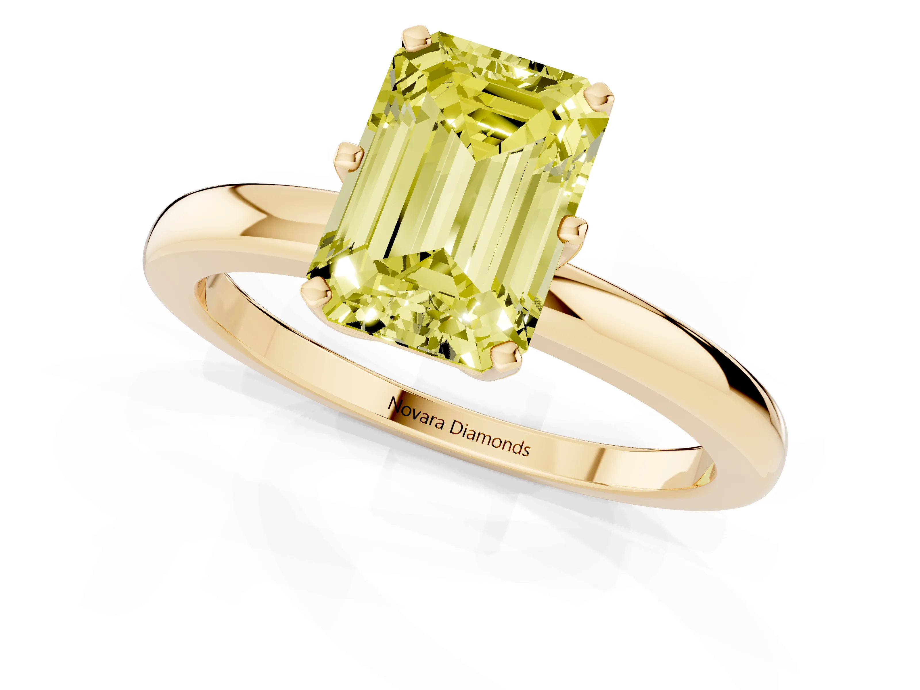 Fancy Yellow Emerald Cut Diamond Solitaire Ring Set in Yellow gold with Raised Prong Setting on a Classic Band