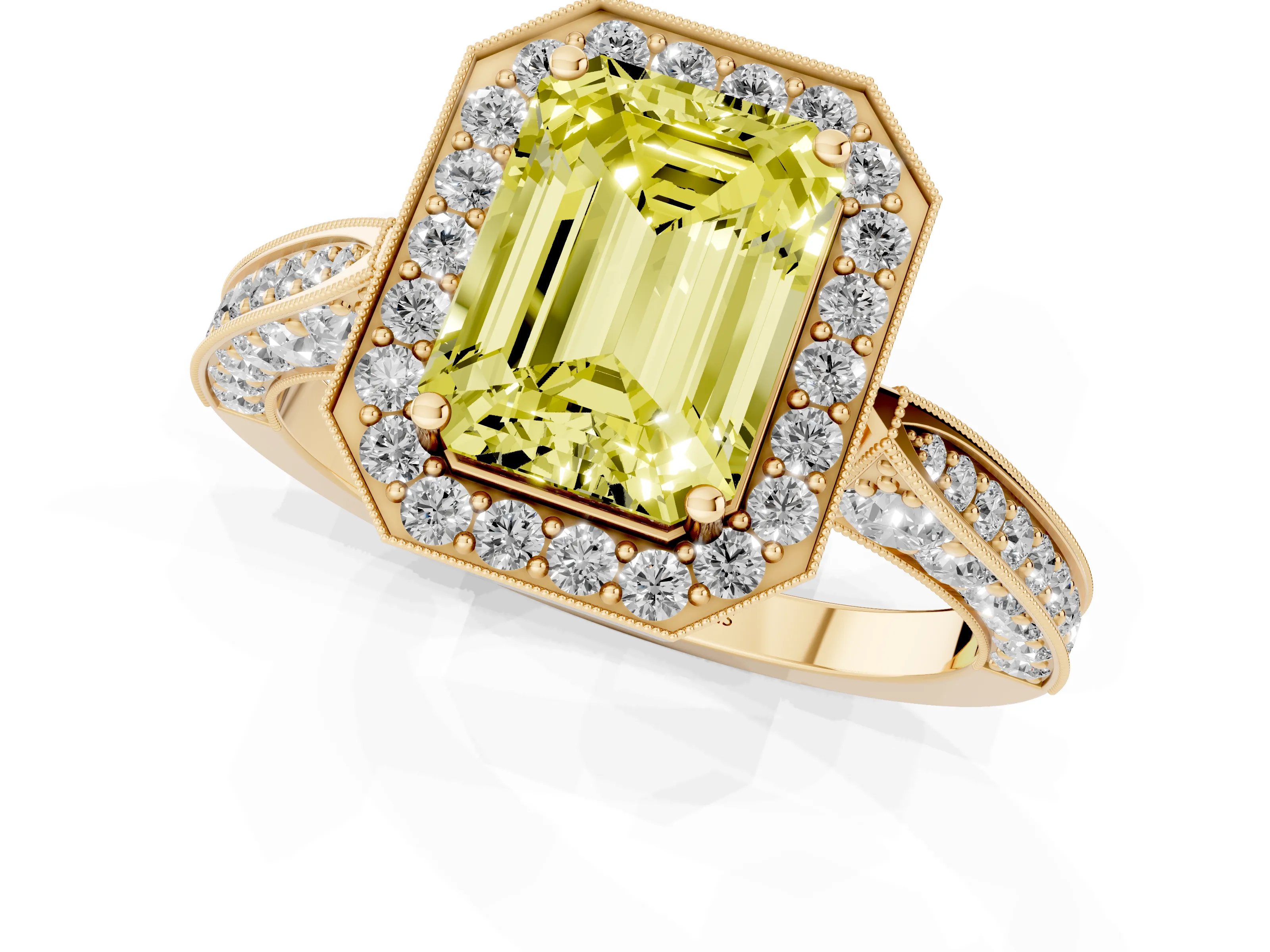 Fancy Yellow Emerald Cut Diamond Halo Engagement Ring Set in Yellow gold with Accent Split Shank Band