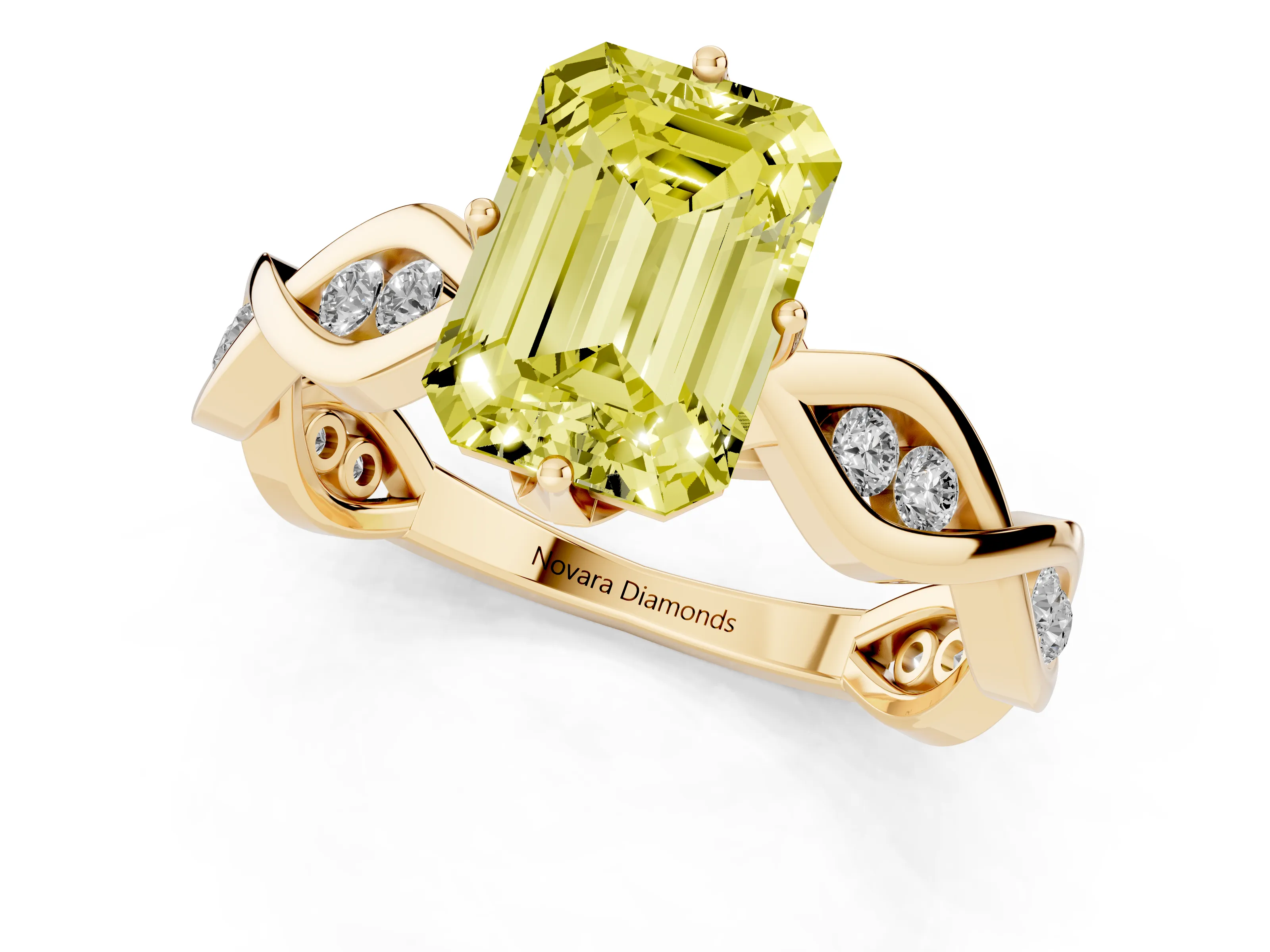 Fancy Yellow Emerald Cut Diamond Twist Band Solitaire Ring Set in Yellow gold with Leaf Prong Setting and Accent Stones
