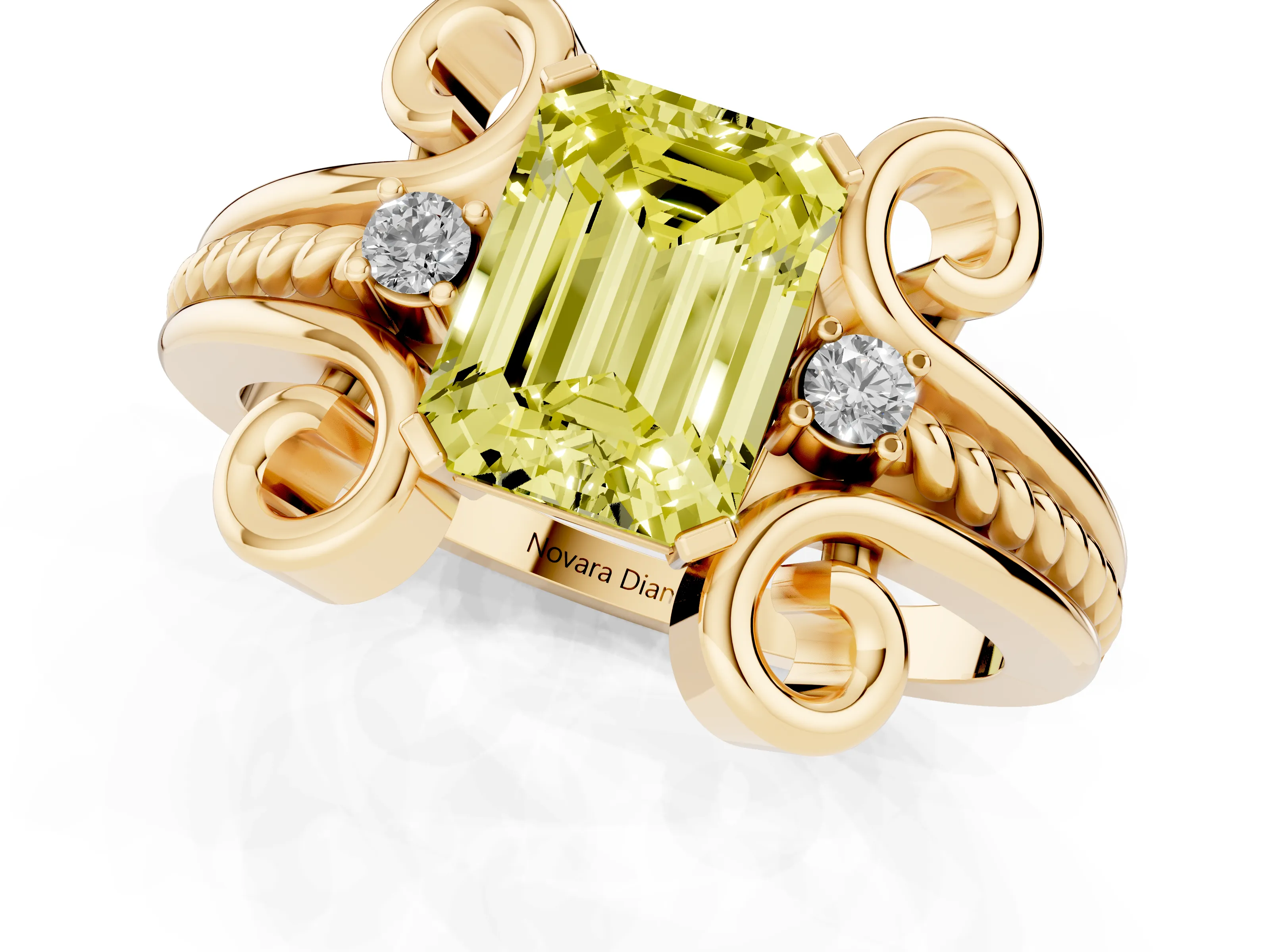 Fancy Yellow Emerald Cut Diamond Twisted Band Solitaire Ring Set in Yellow gold with Scroll Prongs