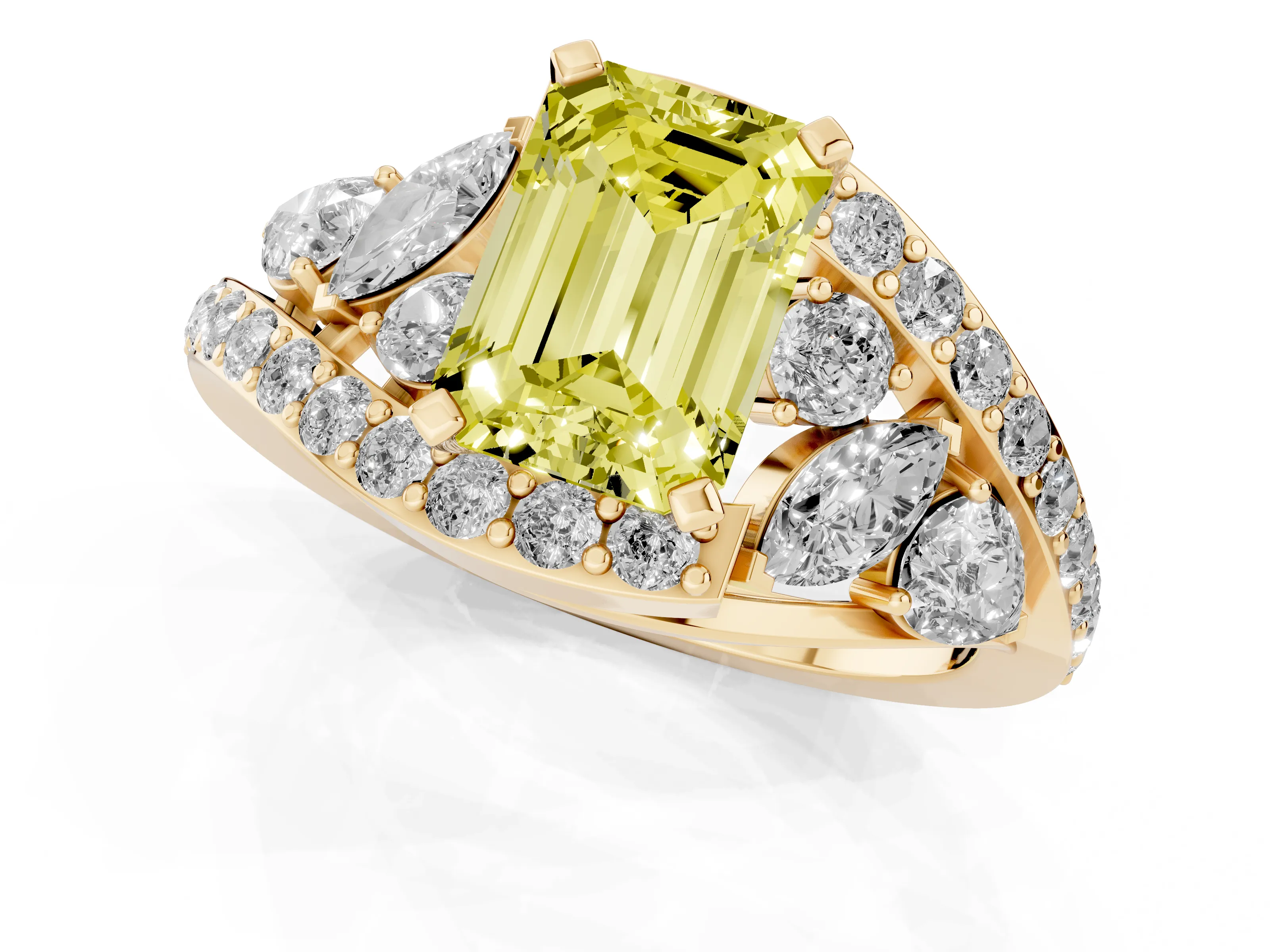 Fancy Yellow Emerald Cut Diamond Halo Ring Set in Yellow gold with Marquise and Pavé Band in Prong Setting