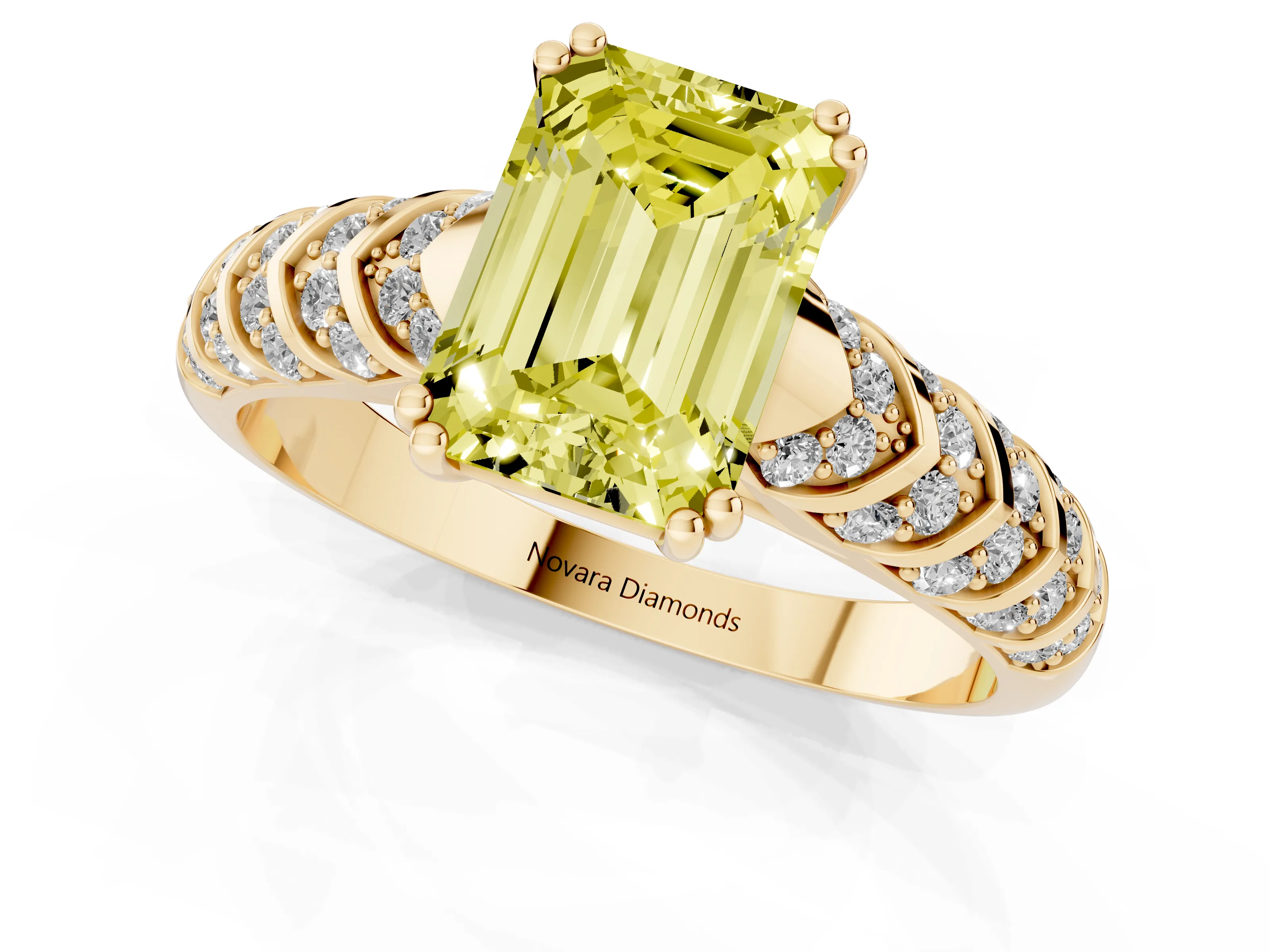 Fancy Yellow Emerald Cut Diamond Solitaire Chevron Pavé Engagement Ring Set in Yellow gold with Prong Setting