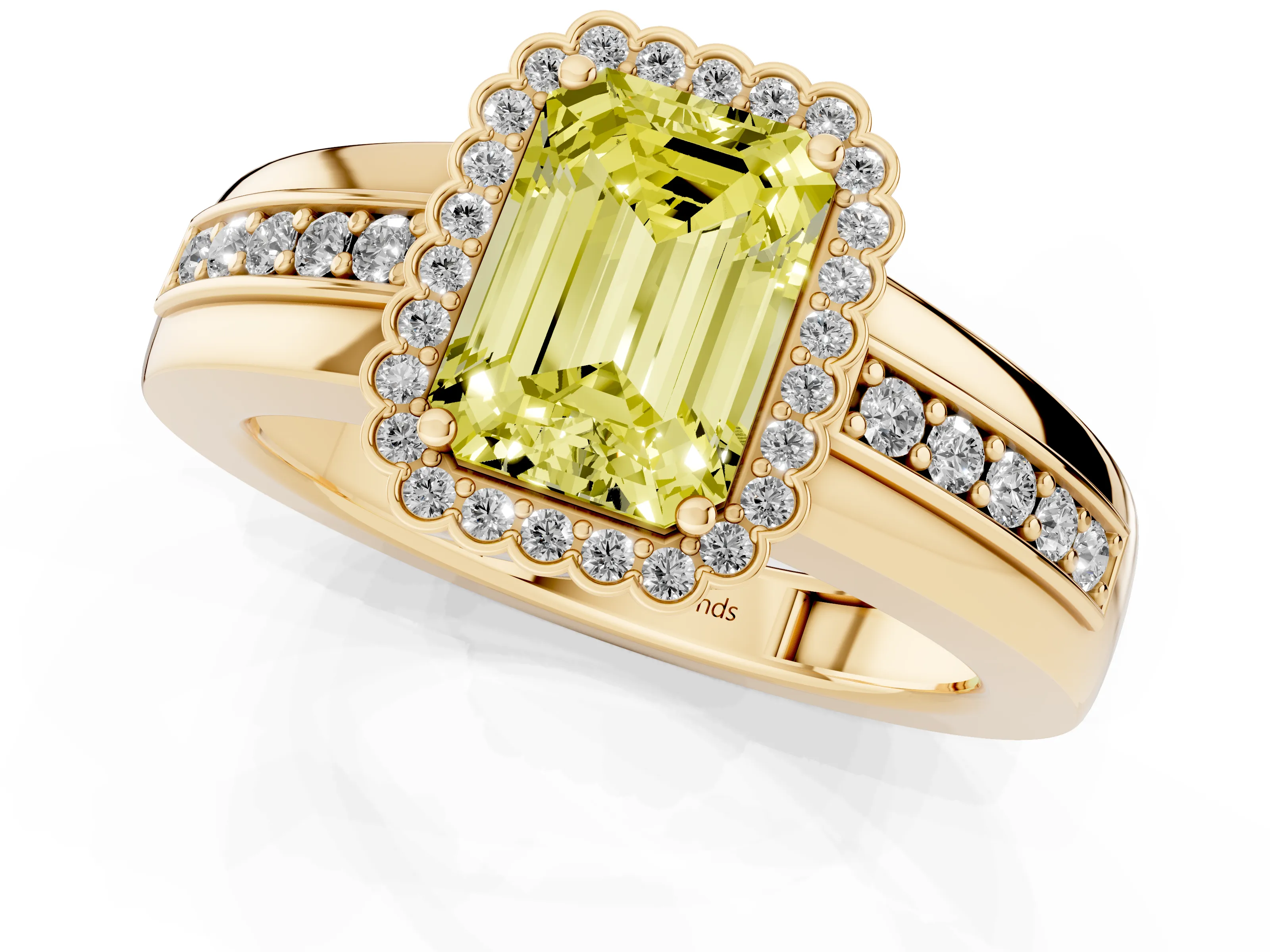 Fancy Yellow Emerald Cut Diamond Halo Prong Ring Set in Yellow gold with Pavé Band