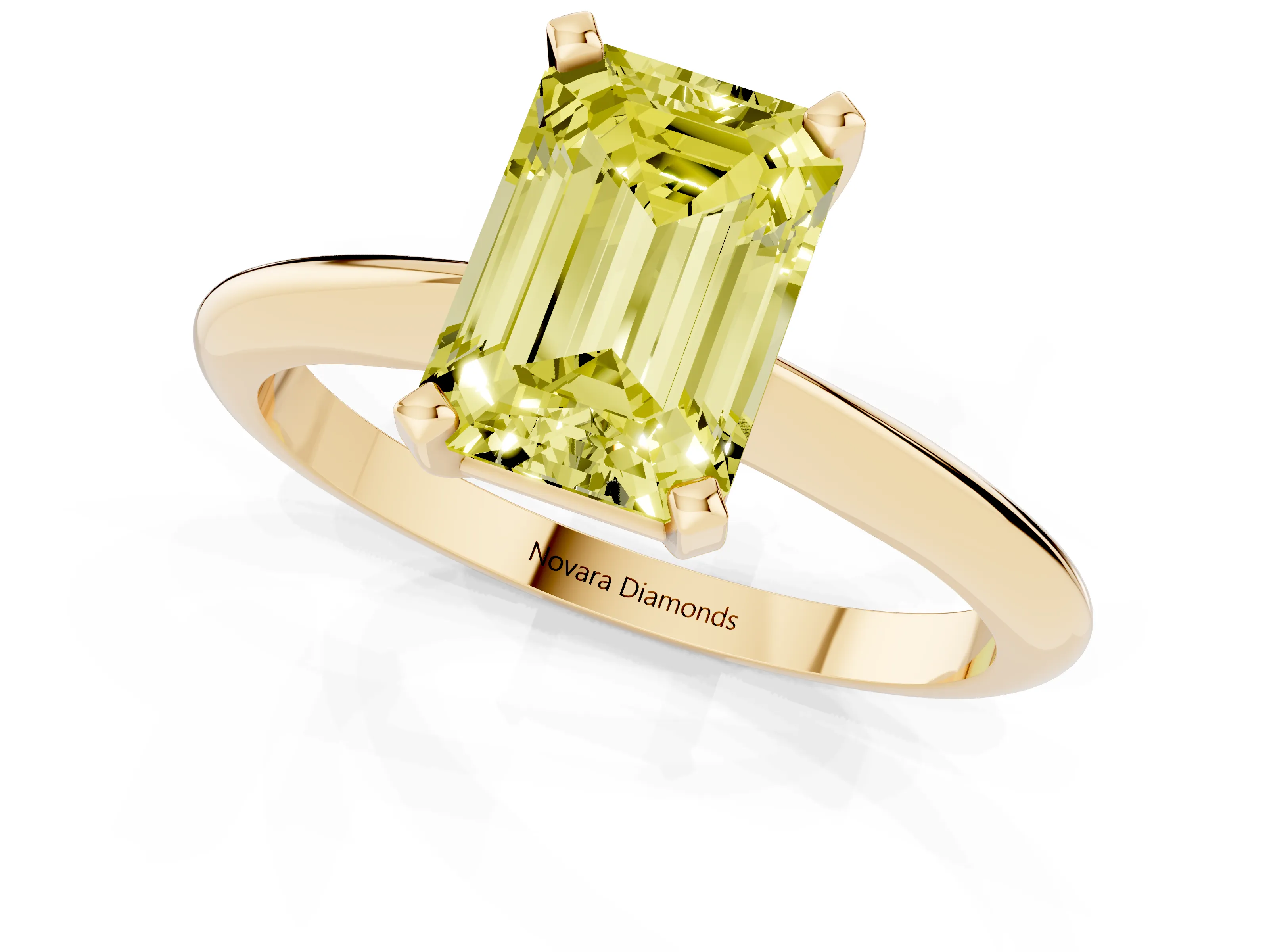 Fancy Yellow Emerald Cut Diamond Solitaire Ring Set in Yellow gold with Prong Setting on a Plain Round Band