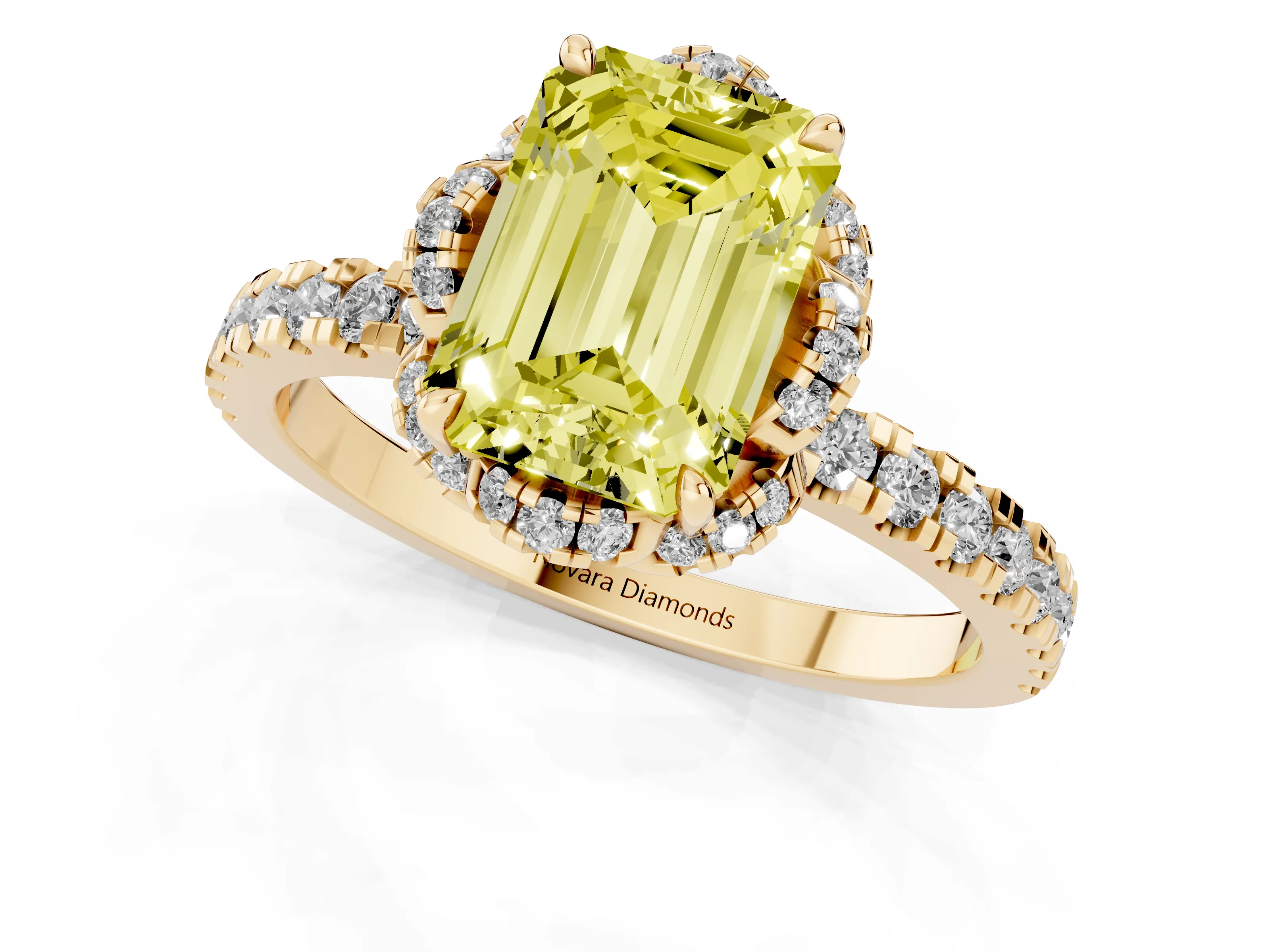 Fancy Yellow Emerald Cut Diamond Halo Pavé Band Ring Set in Yellow gold with Prong-Held Center