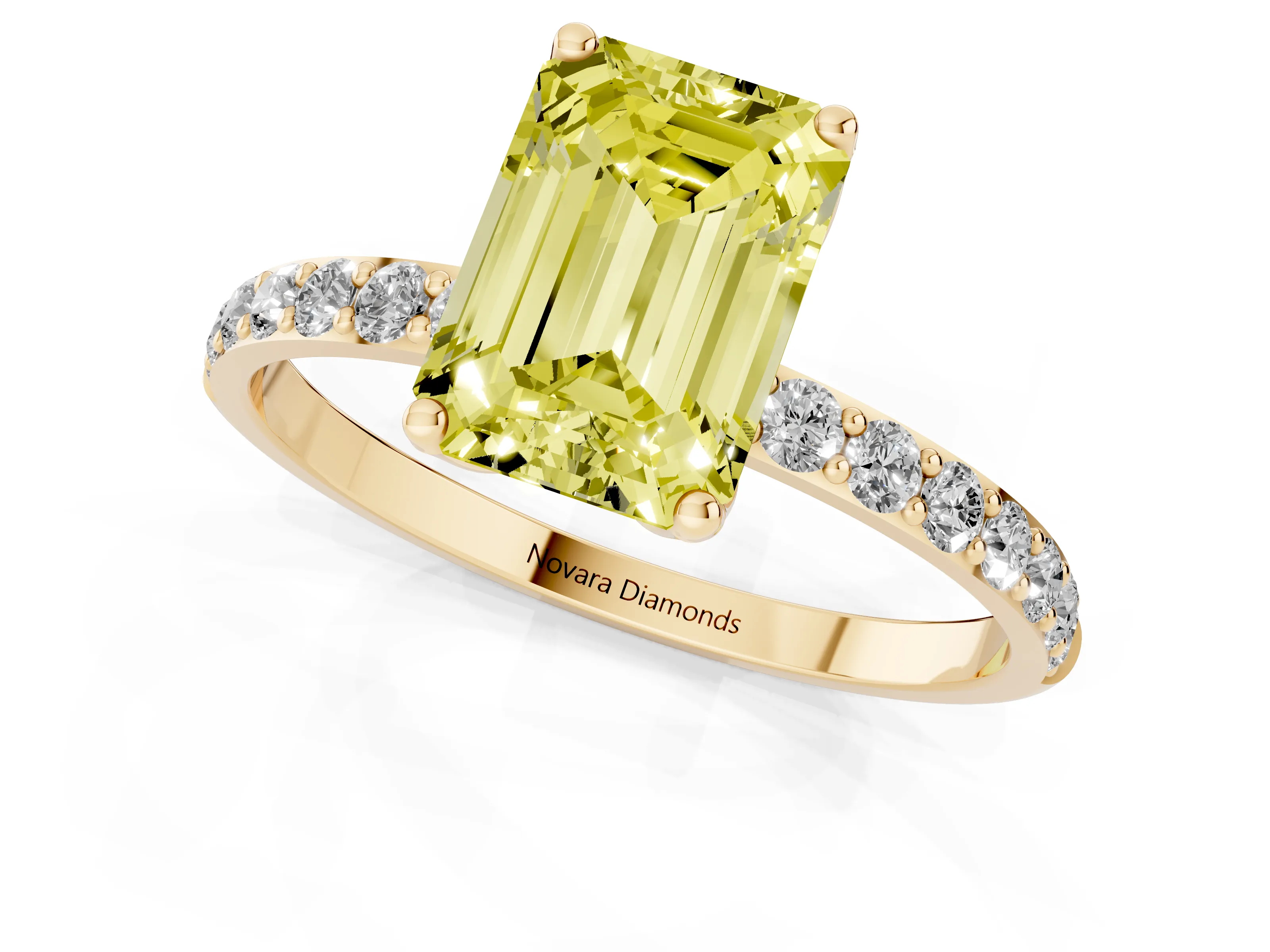 Fancy Yellow Emerald Cut Diamond Solitaire Engagement Ring Set in Yellow gold with Round Pavé Band and Prong Setting