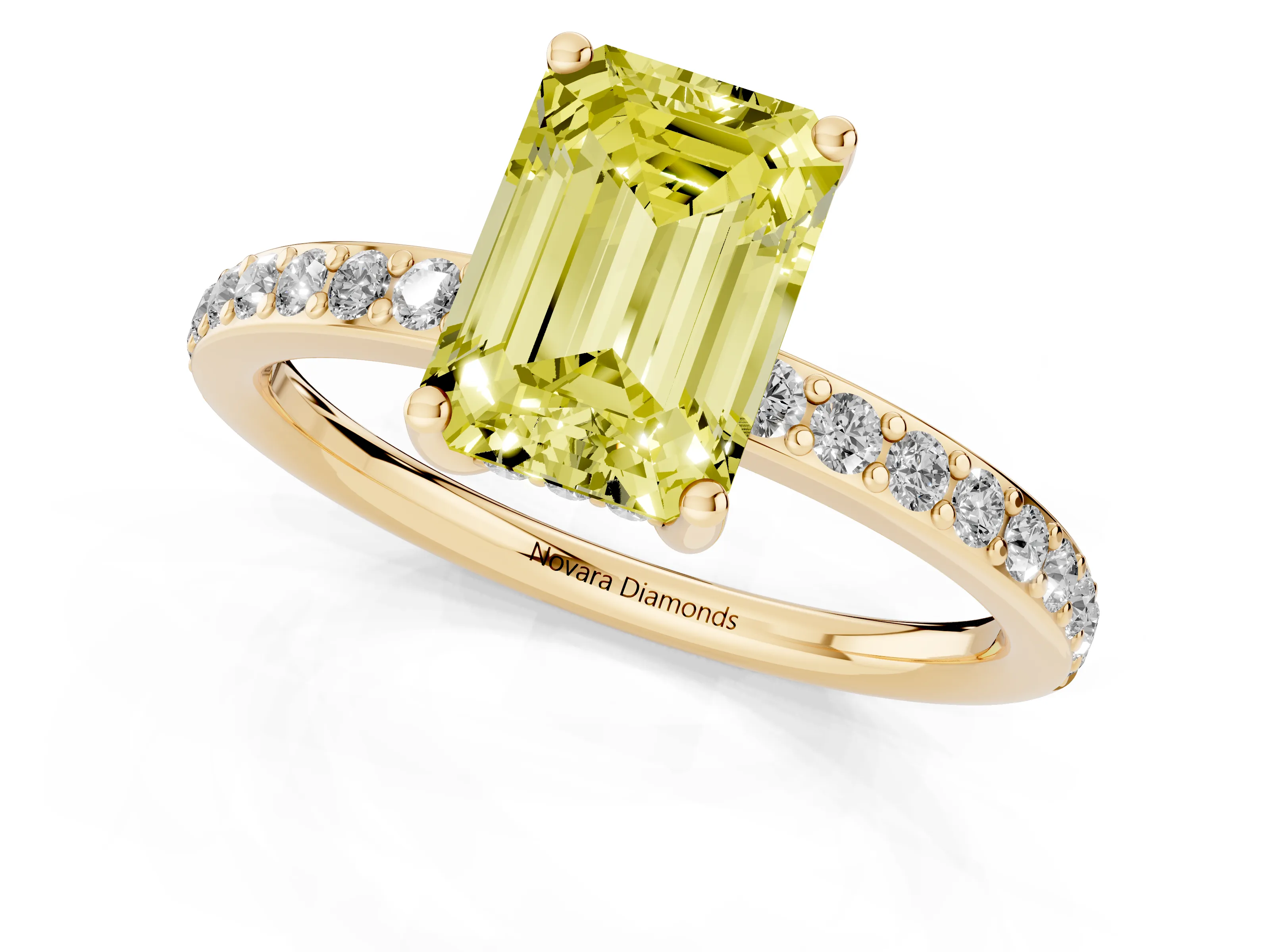 Fancy Yellow Emerald Cut Diamond Pavé Band Ring Set in Yellow gold with Prong-Set Center Stone