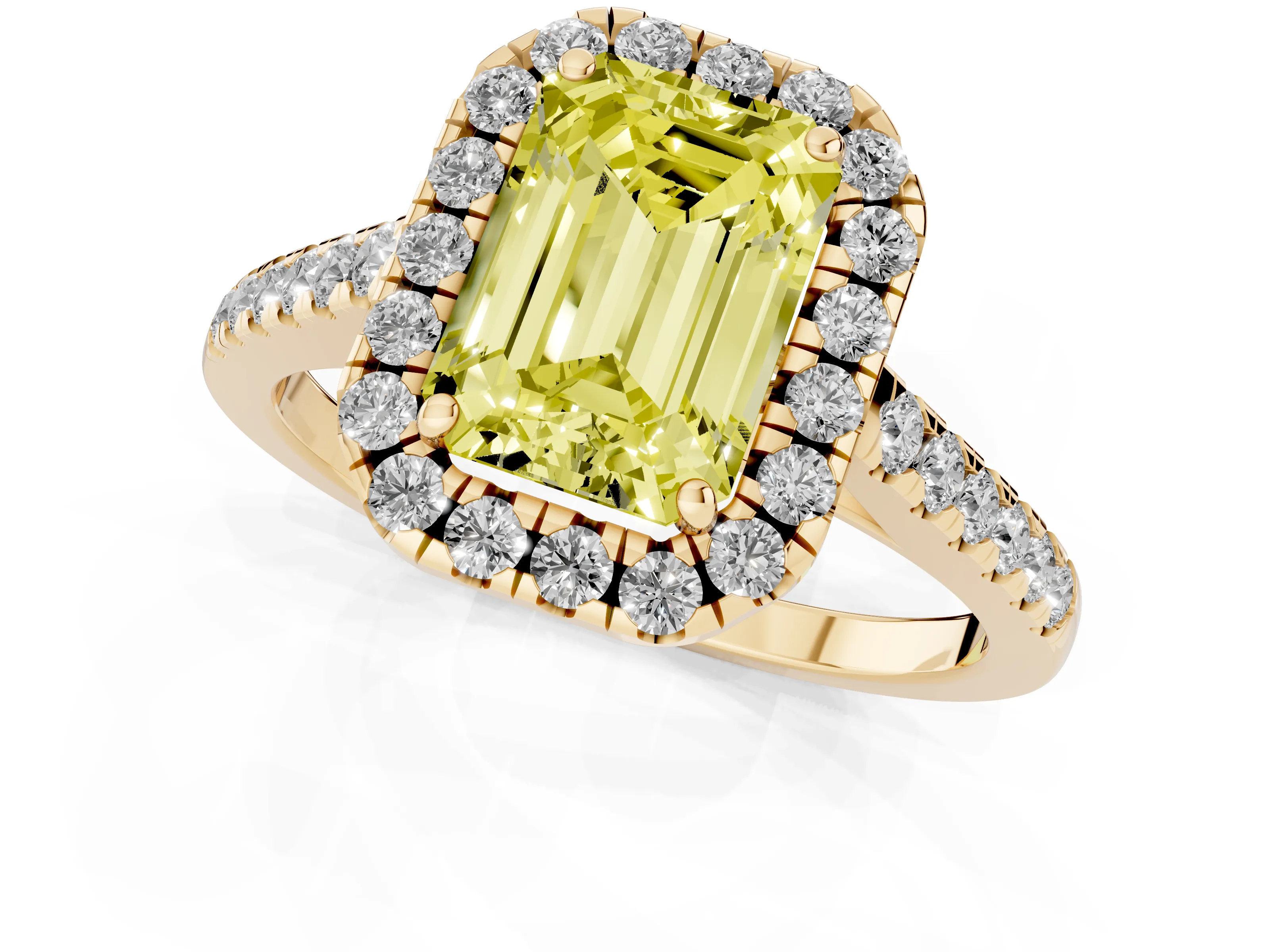 Fancy Yellow Emerald Cut Diamond Halo Pavé Engagement Ring Set in Yellow gold with Prong Setting