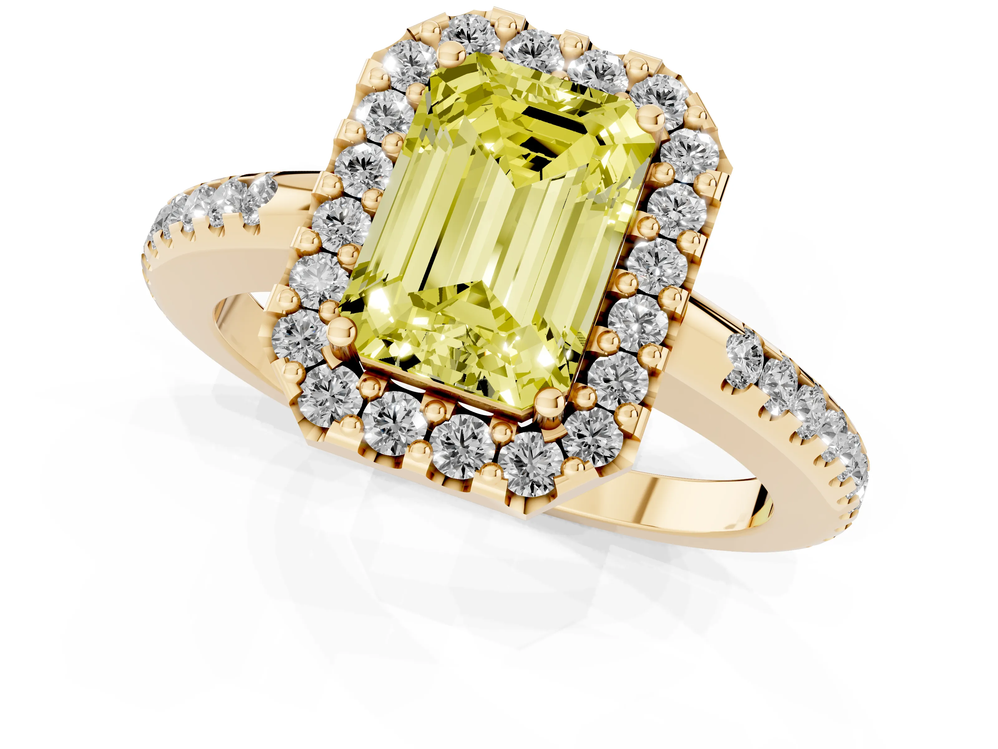 Fancy Yellow Emerald Cut Diamond Pavé Halo Ring Set in Yellow gold with Prong Setting