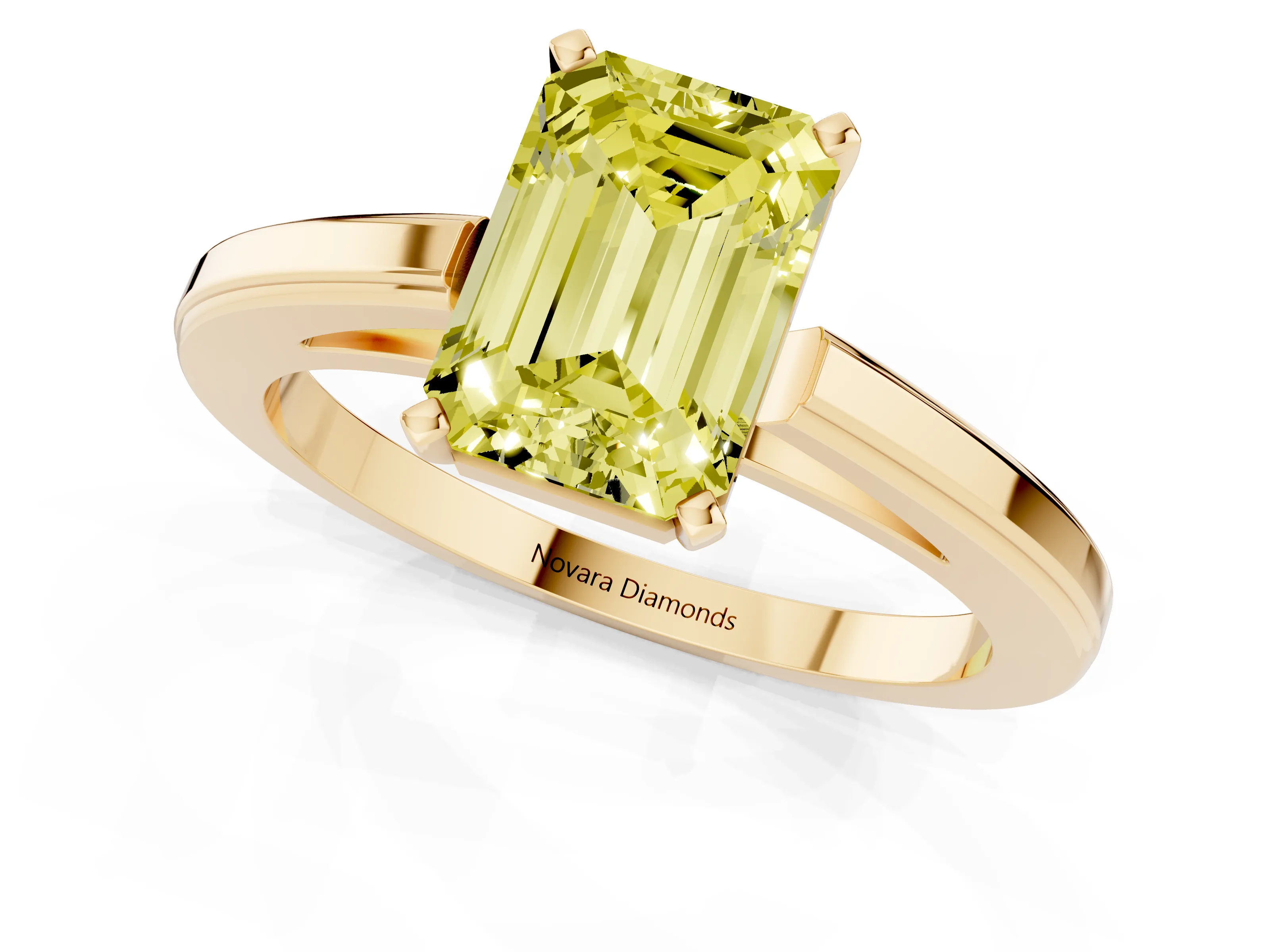 Fancy Yellow Emerald Cut Diamond Solitaire Ring Set in Yellow gold with Prong Setting and Classic Band
