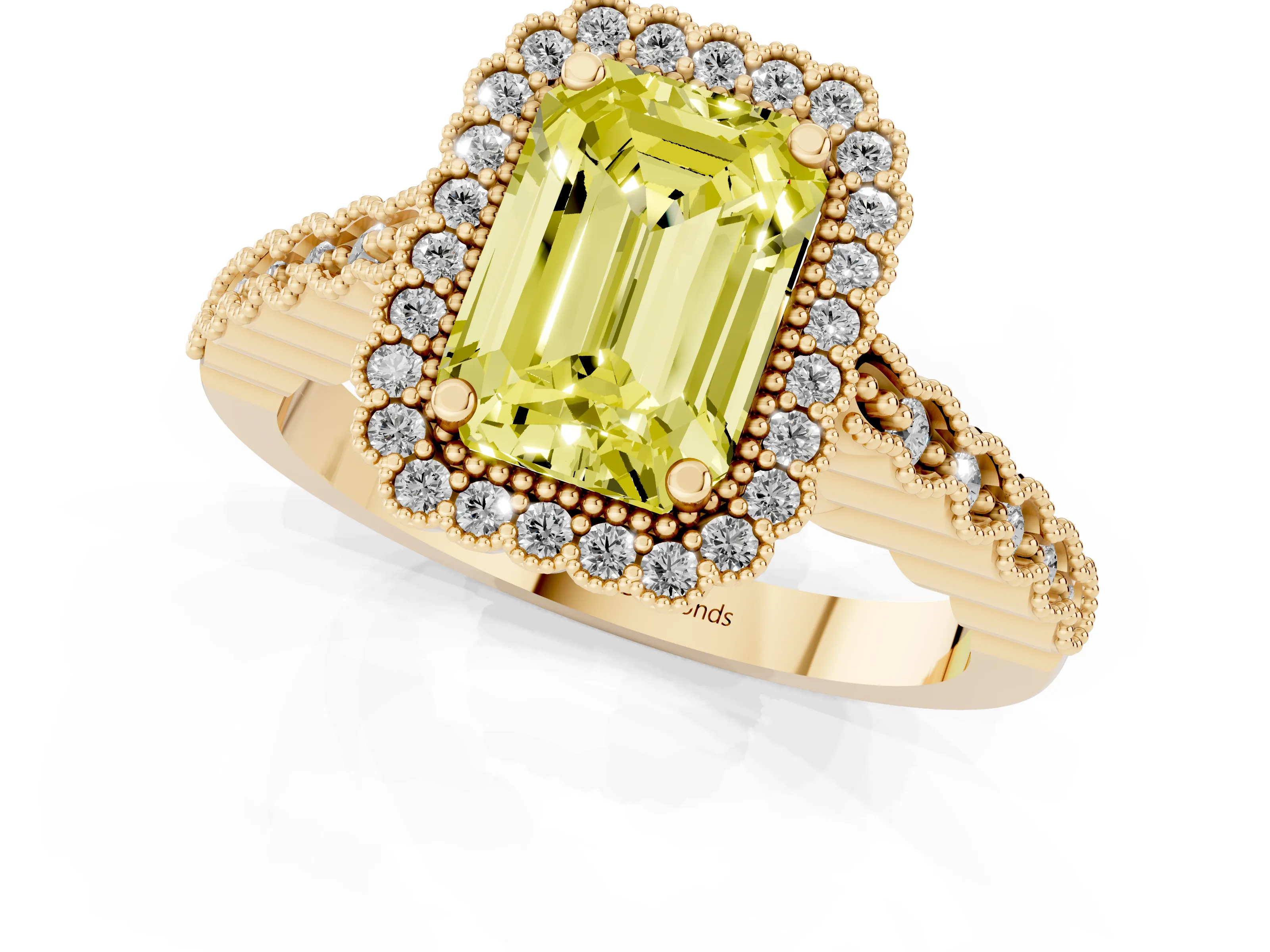 Fancy Yellow Emerald Cut Diamond Halo Ring Set in Yellow gold with Pavé Milgrain Band