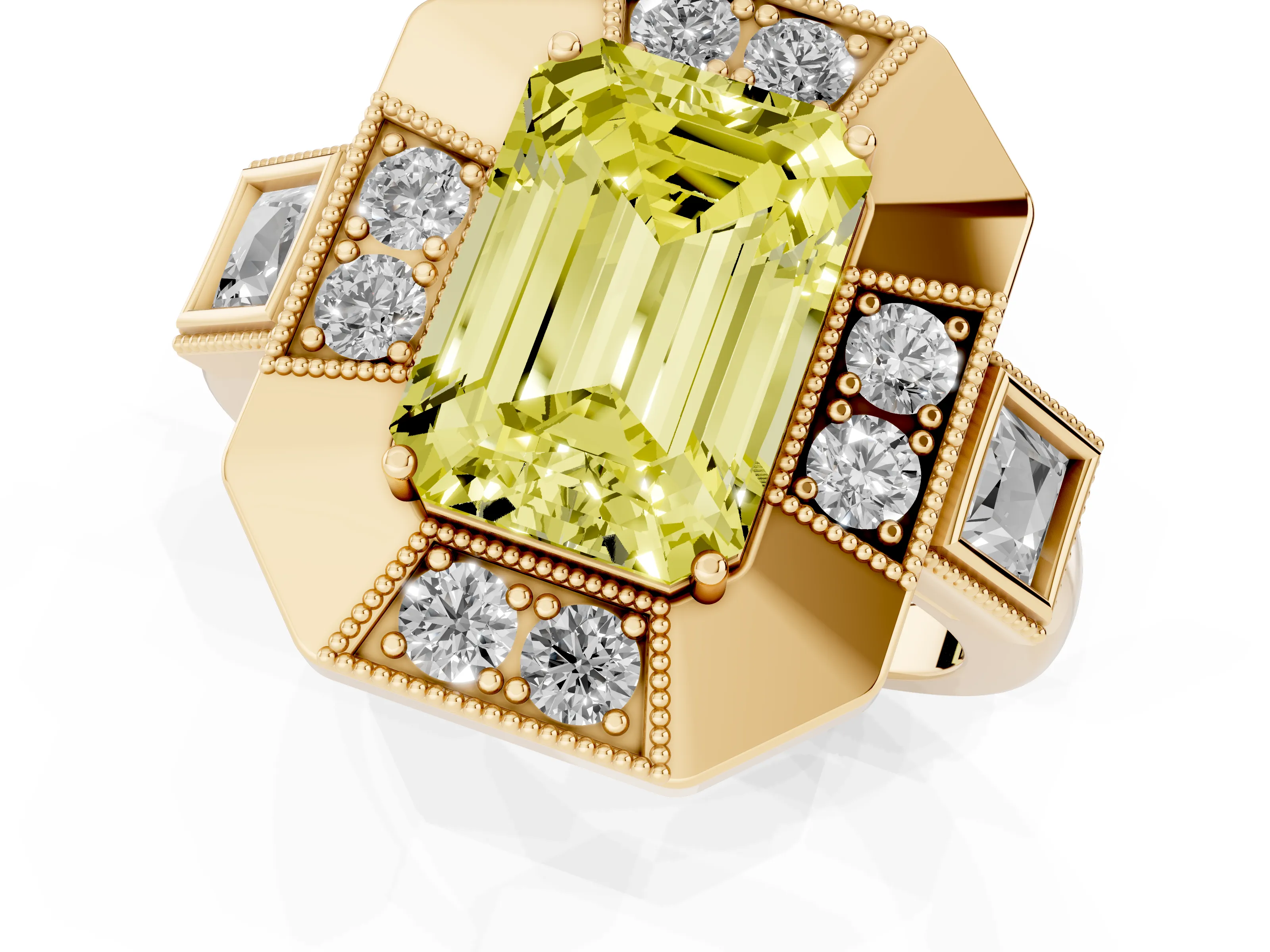 Fancy Yellow Emerald Cut Diamond Milgrain Halo Ring Set in Yellow gold with Split Shank