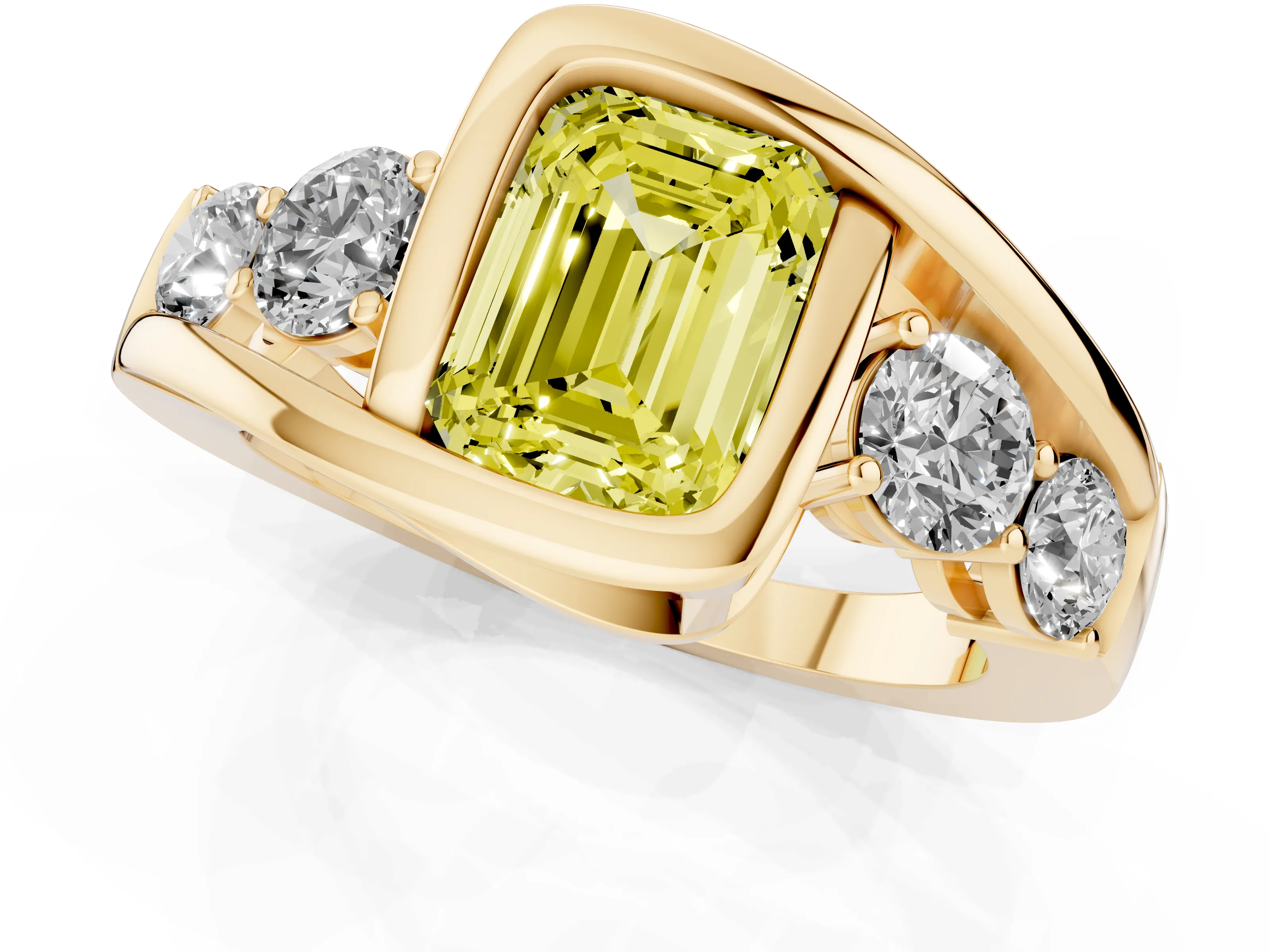 Fancy Yellow Emerald Cut Diamond Bezel Bypass Ring Set in Yellow gold with Round Accents