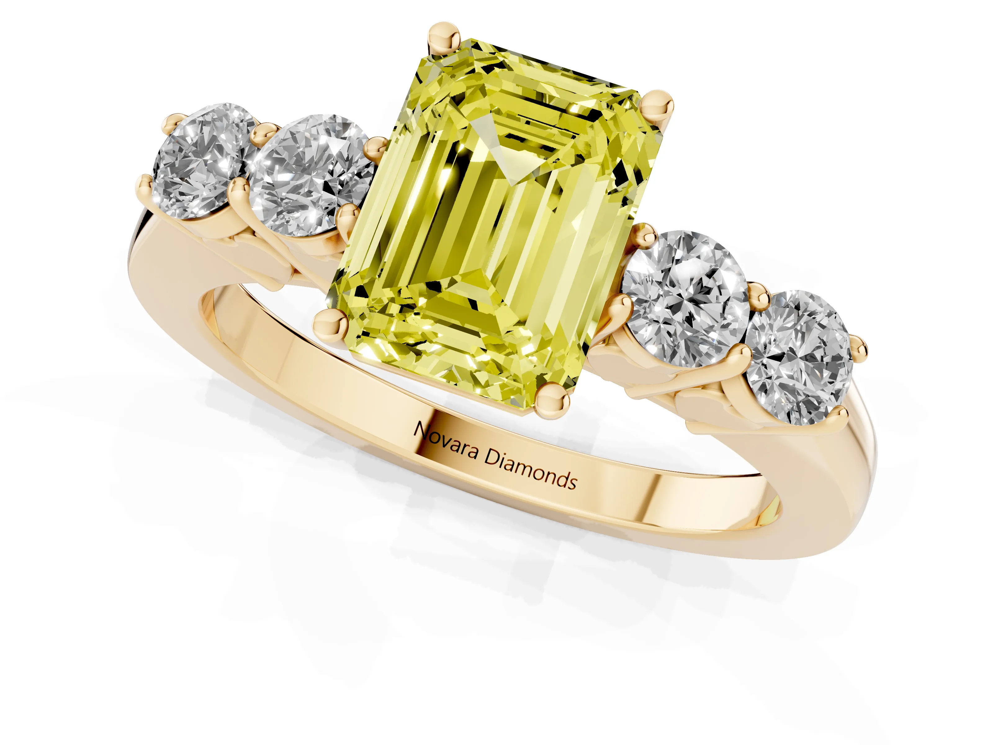 Fancy Yellow Emerald Cut Diamond Five-Stone Prong Set Band Ring Set in Yellow gold with Polished Band
