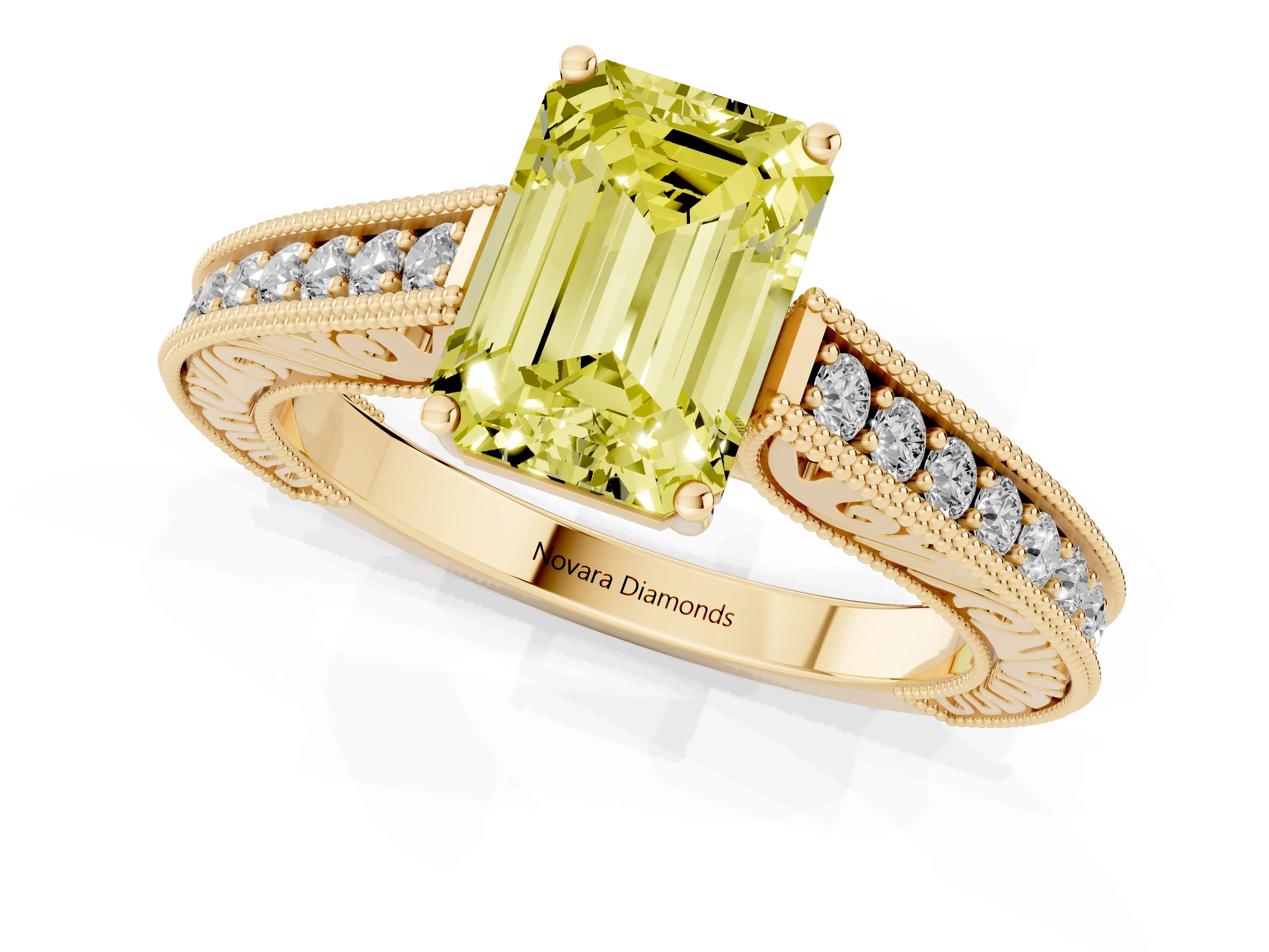 Fancy Yellow Emerald Cut Diamond Milgrain Pavé Band Solitaire Ring Set in Yellow gold with Prong Setting