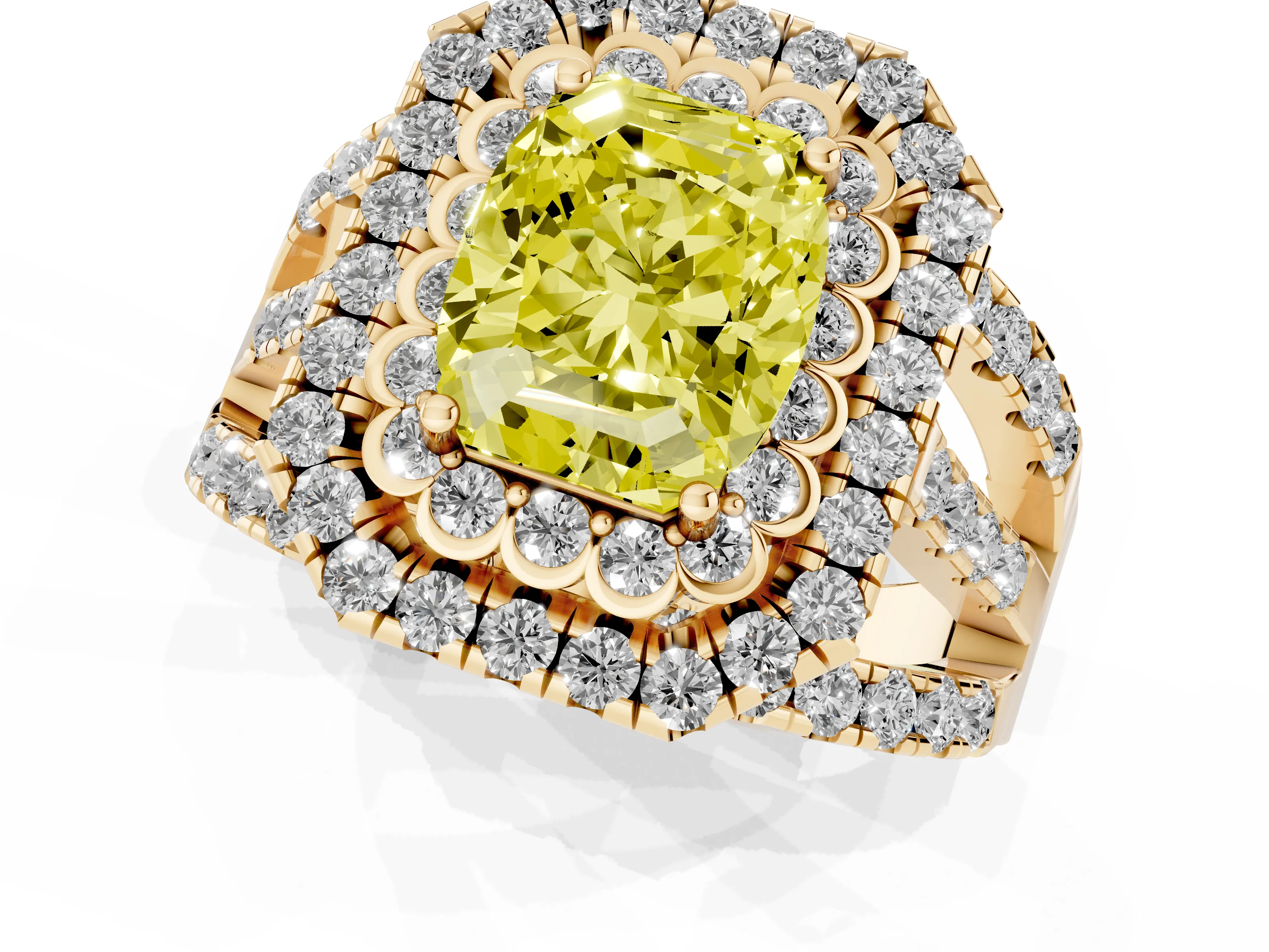 Fancy Yellow Emerald Cut Diamond Double Halo Ring Set in Yellow gold with Round Pavé Split Shank
