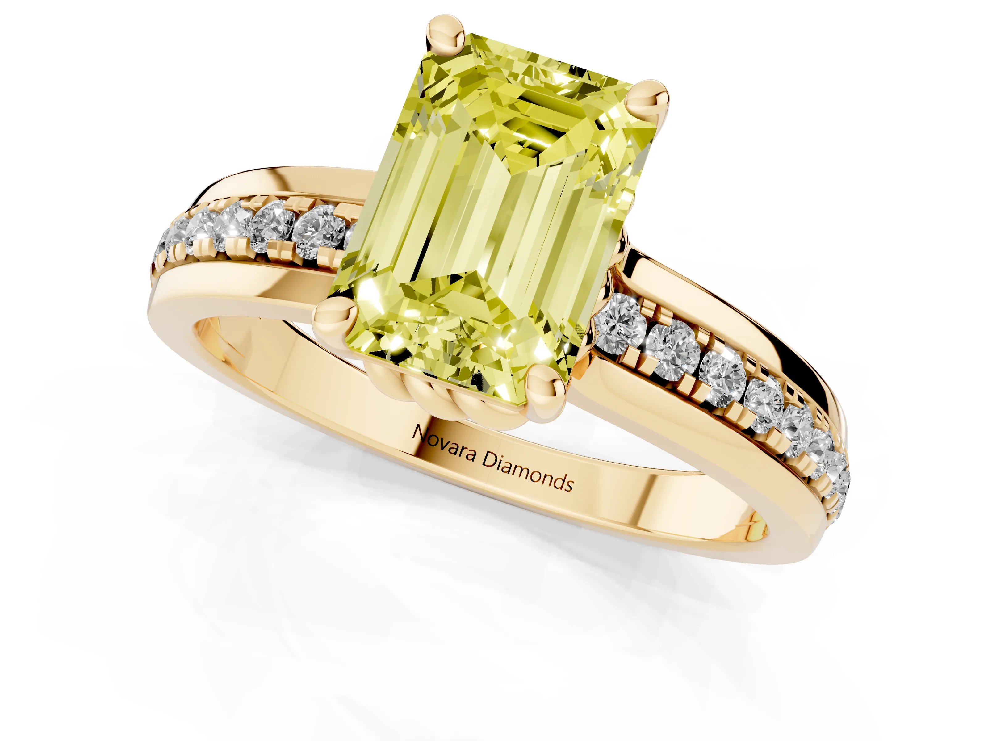 Fancy Yellow Emerald Cut Diamond Solitaire Ring Set in Yellow gold with Channel Set Band and Prong Setting