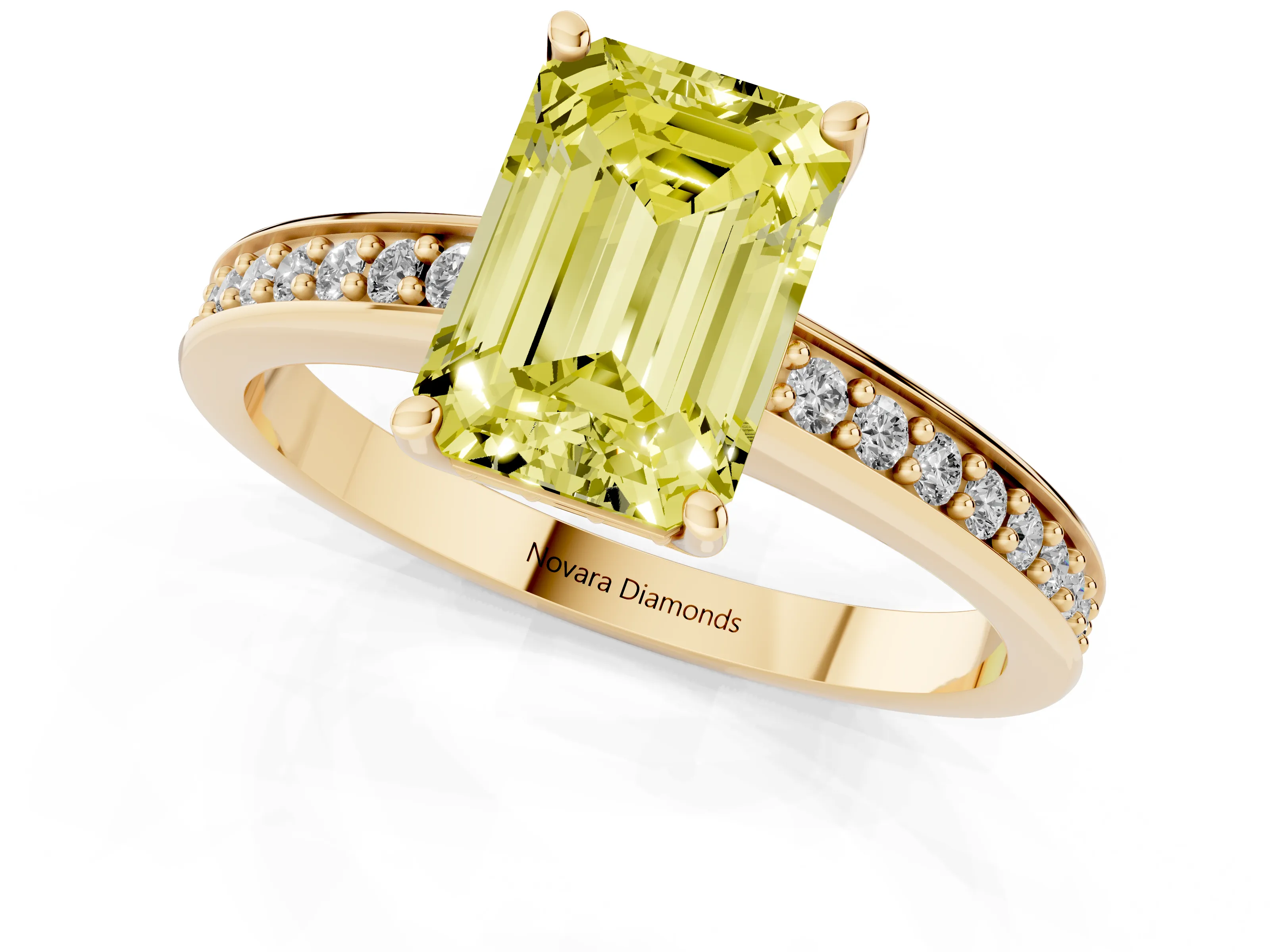 Fancy Yellow Emerald Cut Diamond Pavé Band Prong Set Solitaire Ring Set in Yellow gold