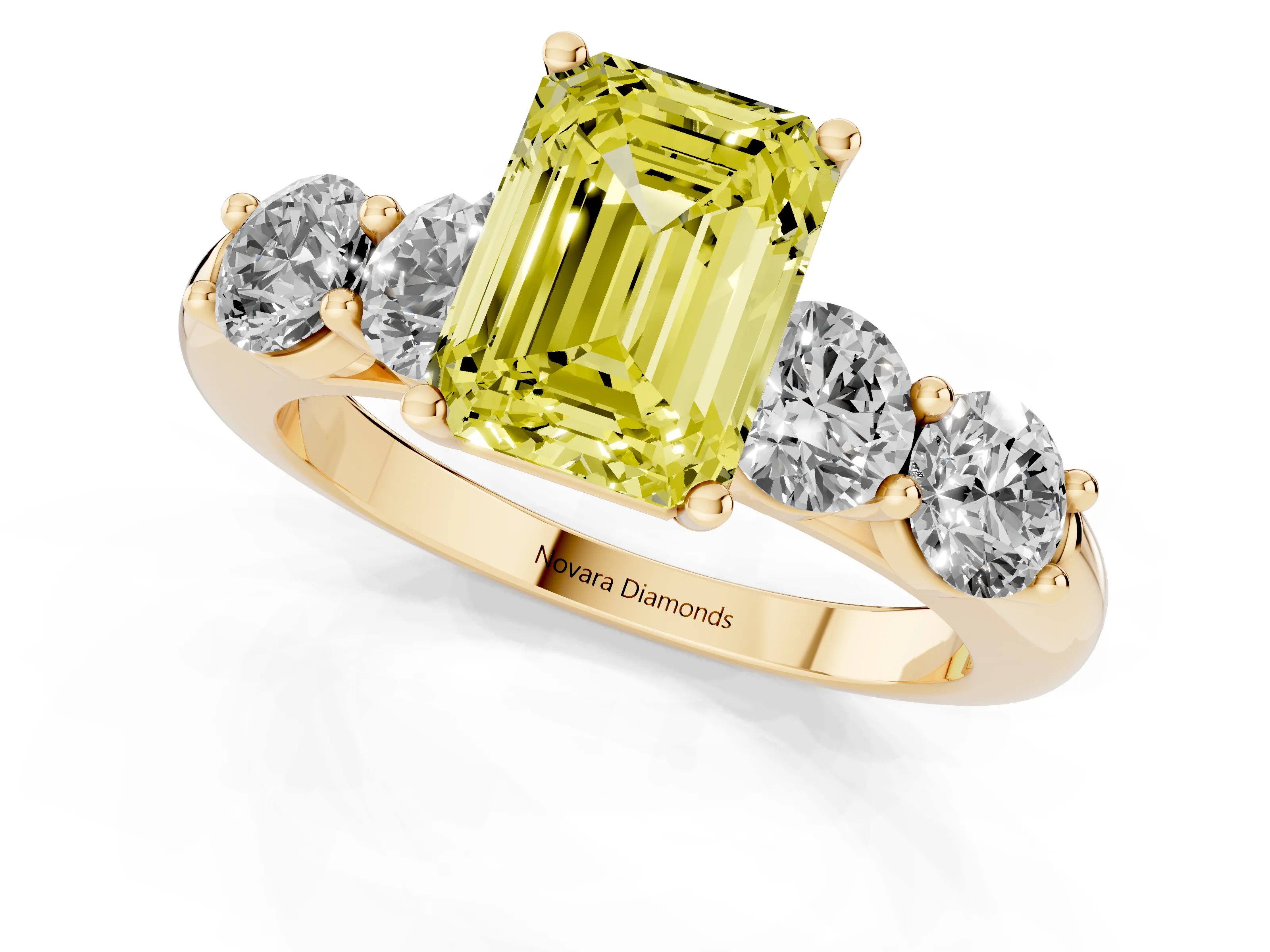 Fancy Yellow Emerald Cut Diamond Five-Stone Prong Set Ring Set in Yellow gold with Classic Band